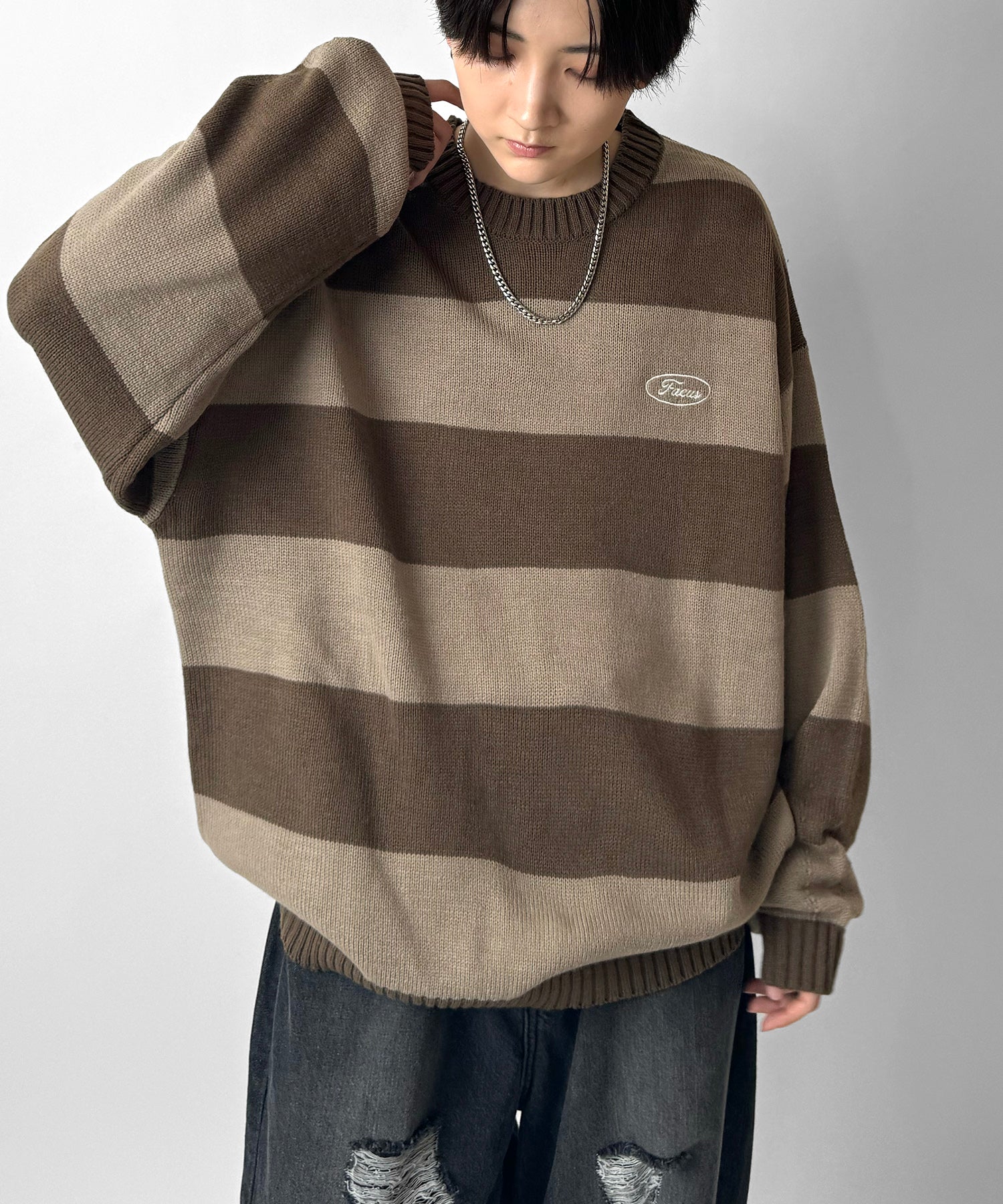 ビッグシルエット ワンポイント刺繍 ボーダーニットプルオーバー