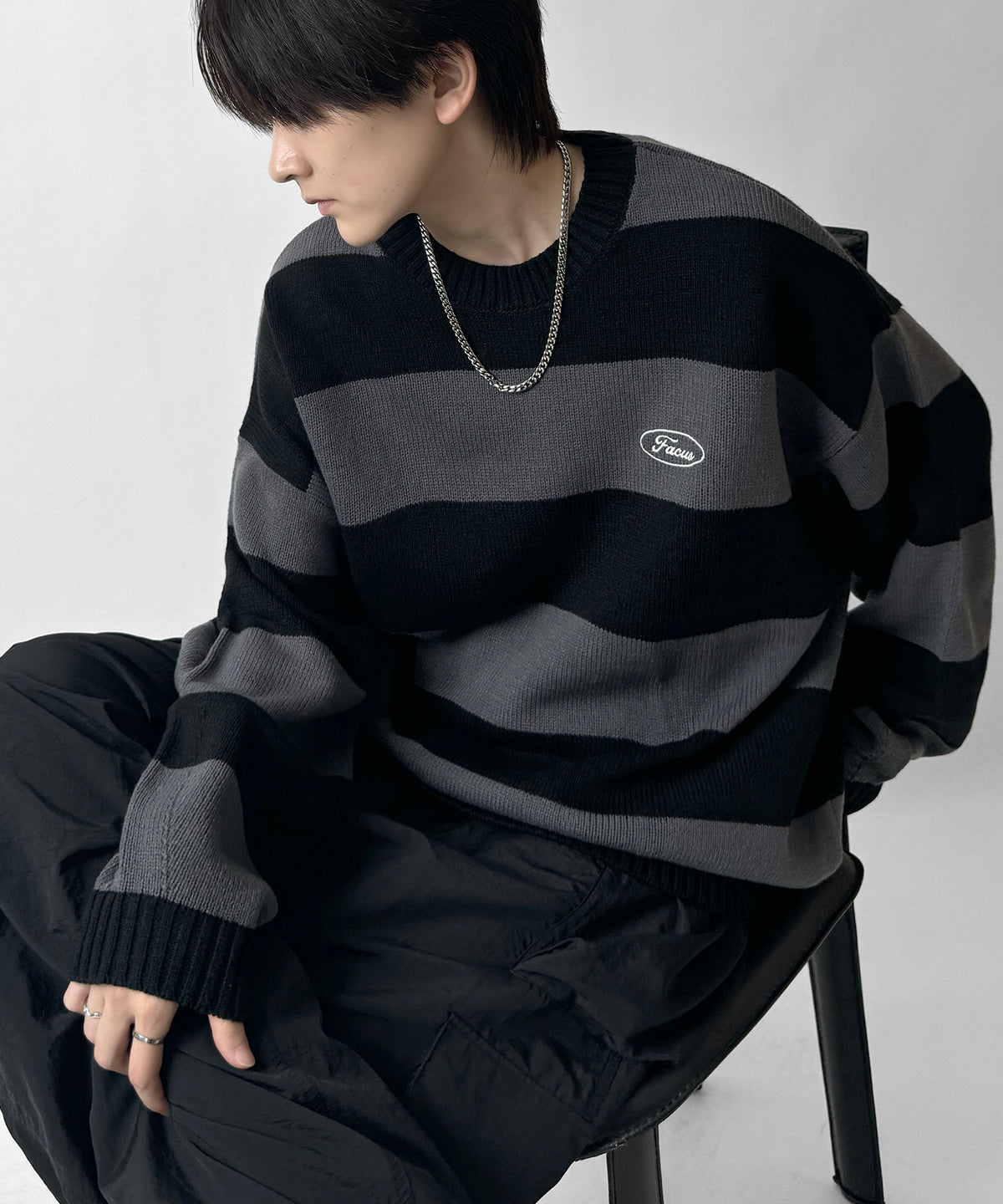 ビッグシルエット ワンポイント刺繍 ボーダーニットプルオーバー