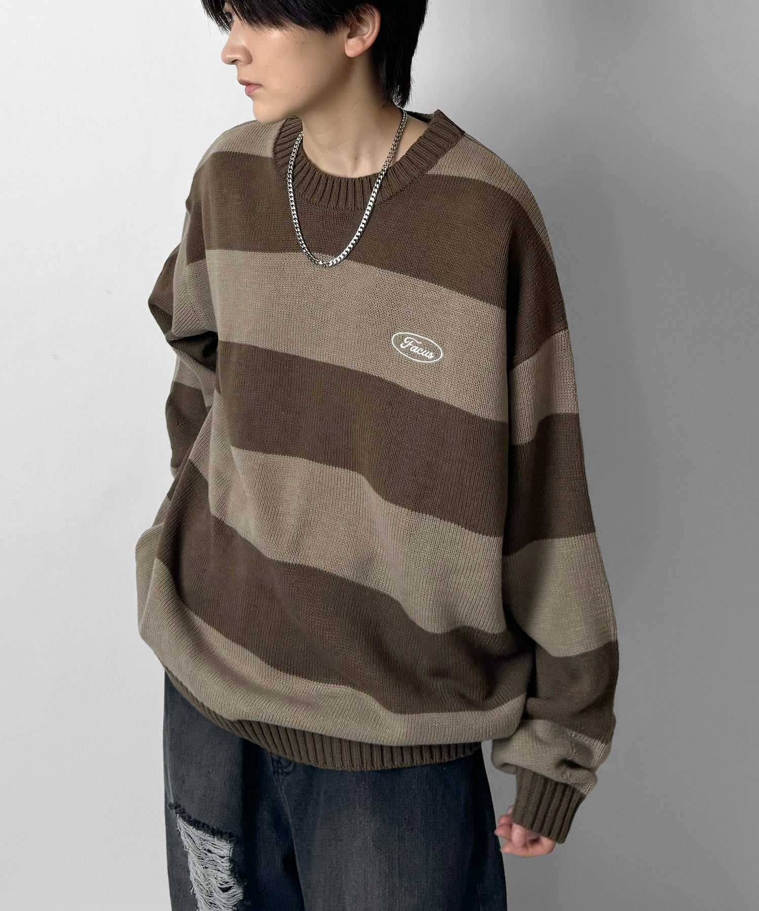 ビッグシルエット ワンポイント刺繍 ボーダーニットプルオーバー