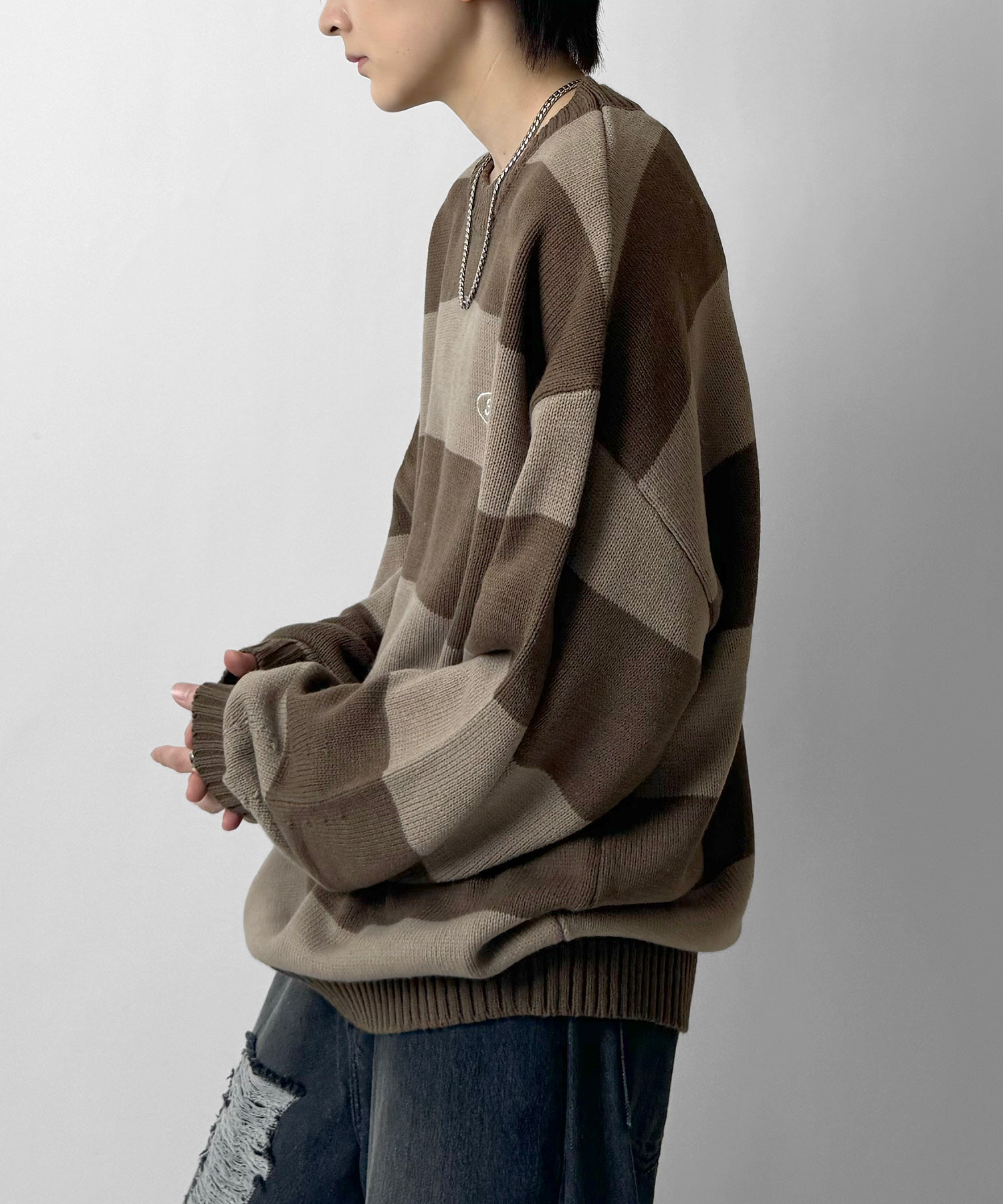 ビッグシルエット ワンポイント刺繍 ボーダーニットプルオーバー