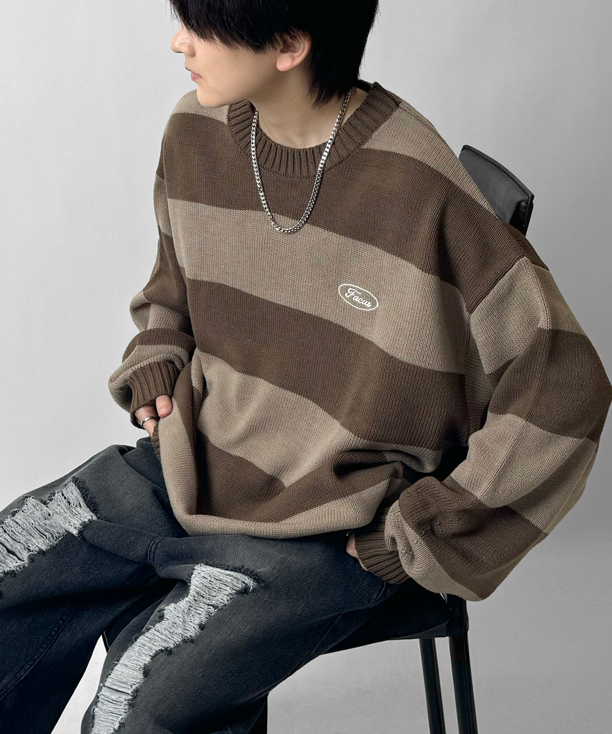 ビッグシルエット ワンポイント刺繍 ボーダーニットプルオーバー