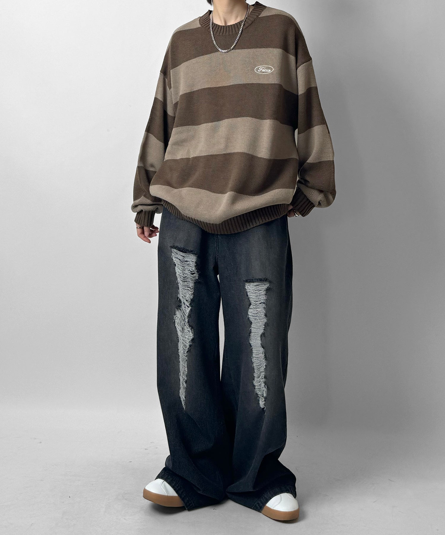 ビッグシルエット ワンポイント刺繍 ボーダーニットプルオーバー