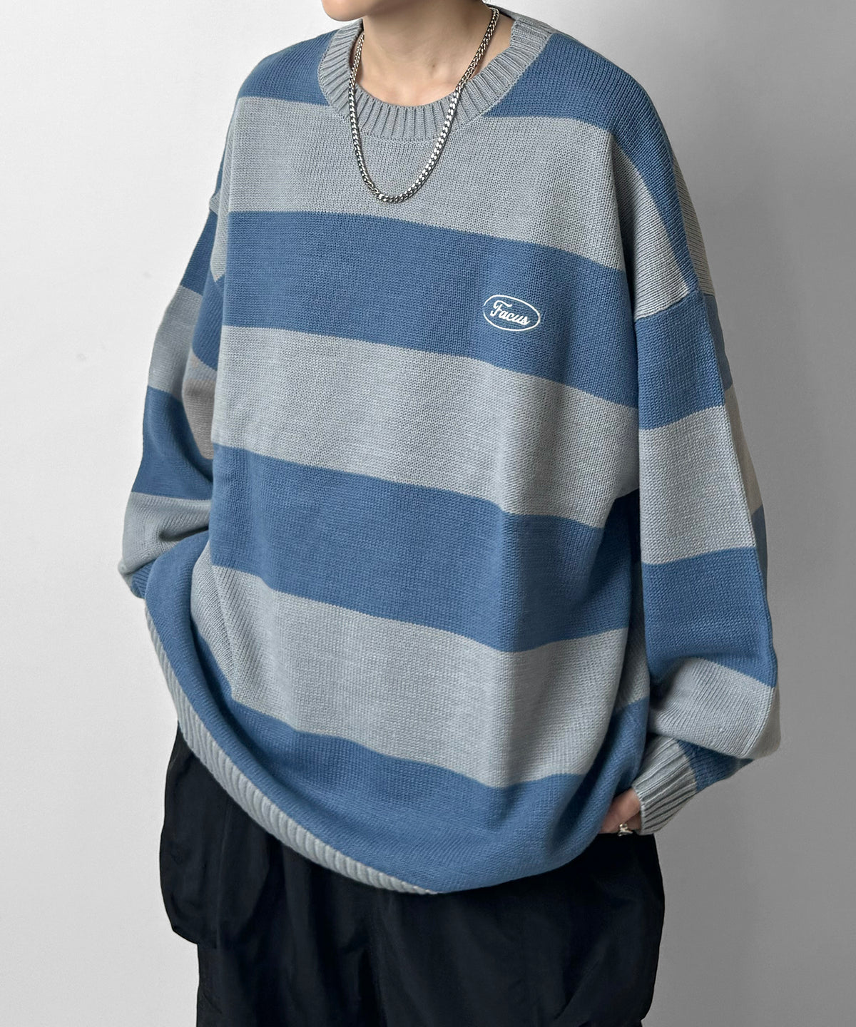 ビッグシルエット ワンポイント刺繍 ボーダーニットプルオーバー