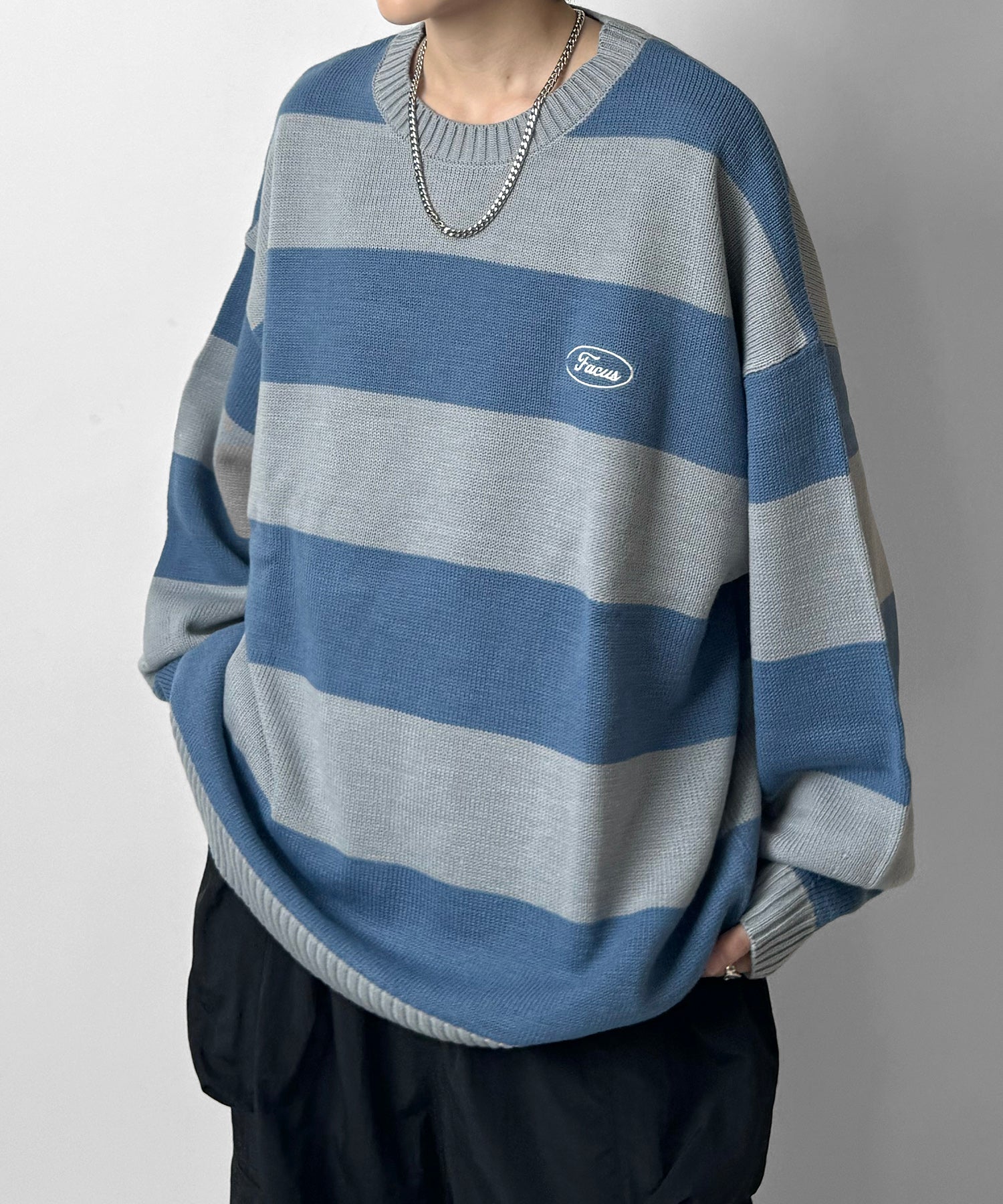 ビッグシルエット ワンポイント刺繍 ボーダーニットプルオーバー