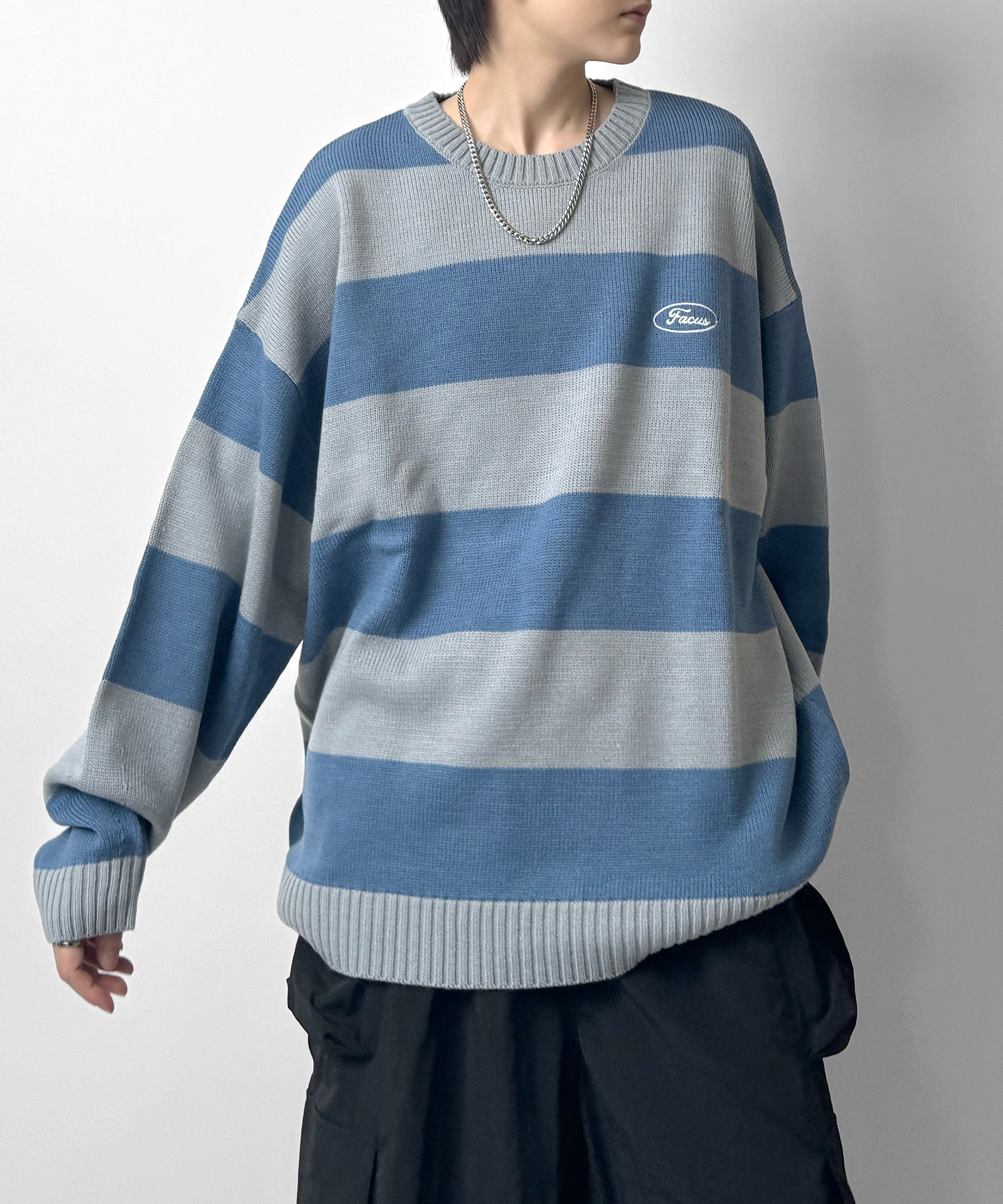 ビッグシルエット ワンポイント刺繍 ボーダーニットプルオーバー