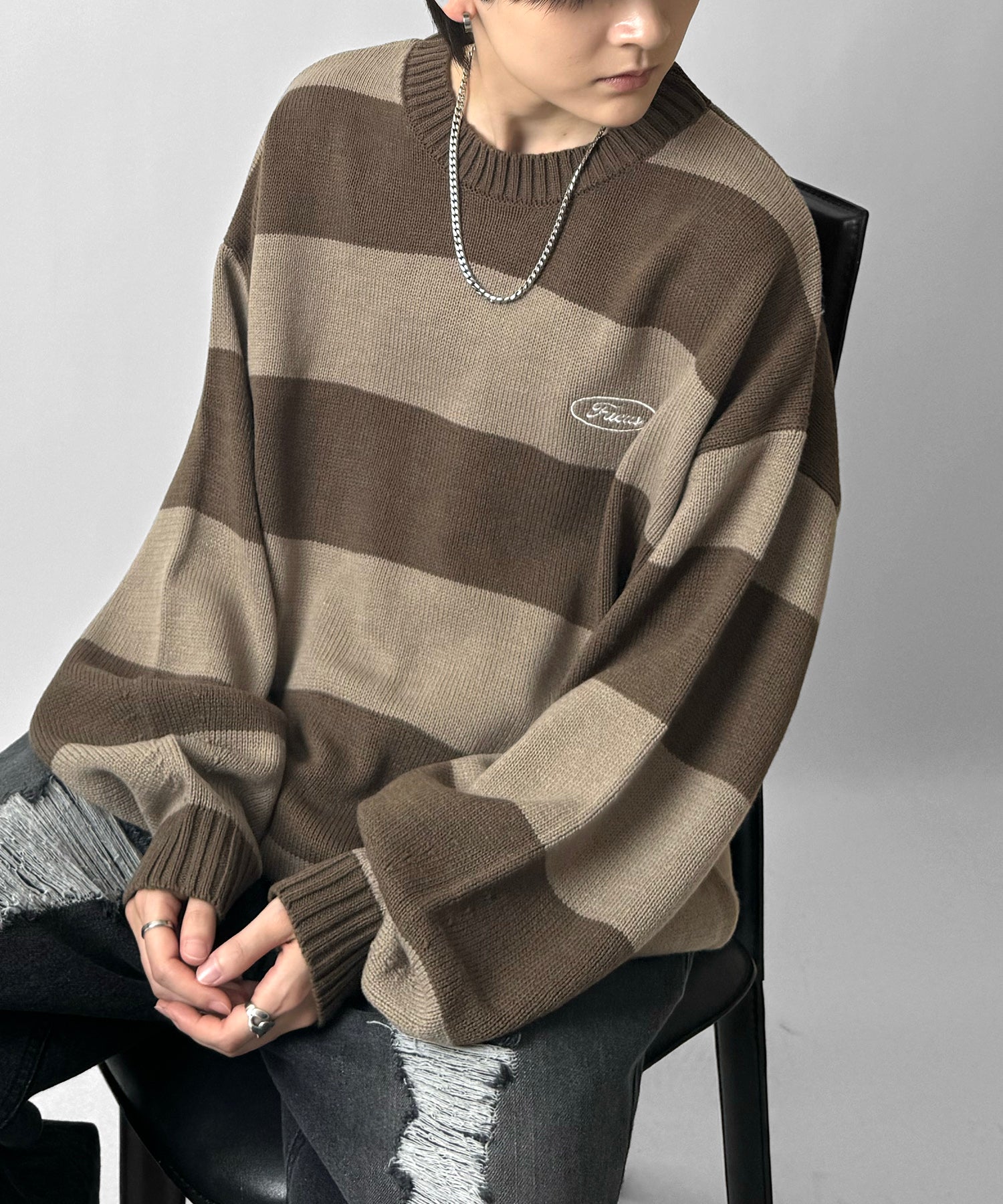 ビッグシルエット ワンポイント刺繍 ボーダーニットプルオーバー