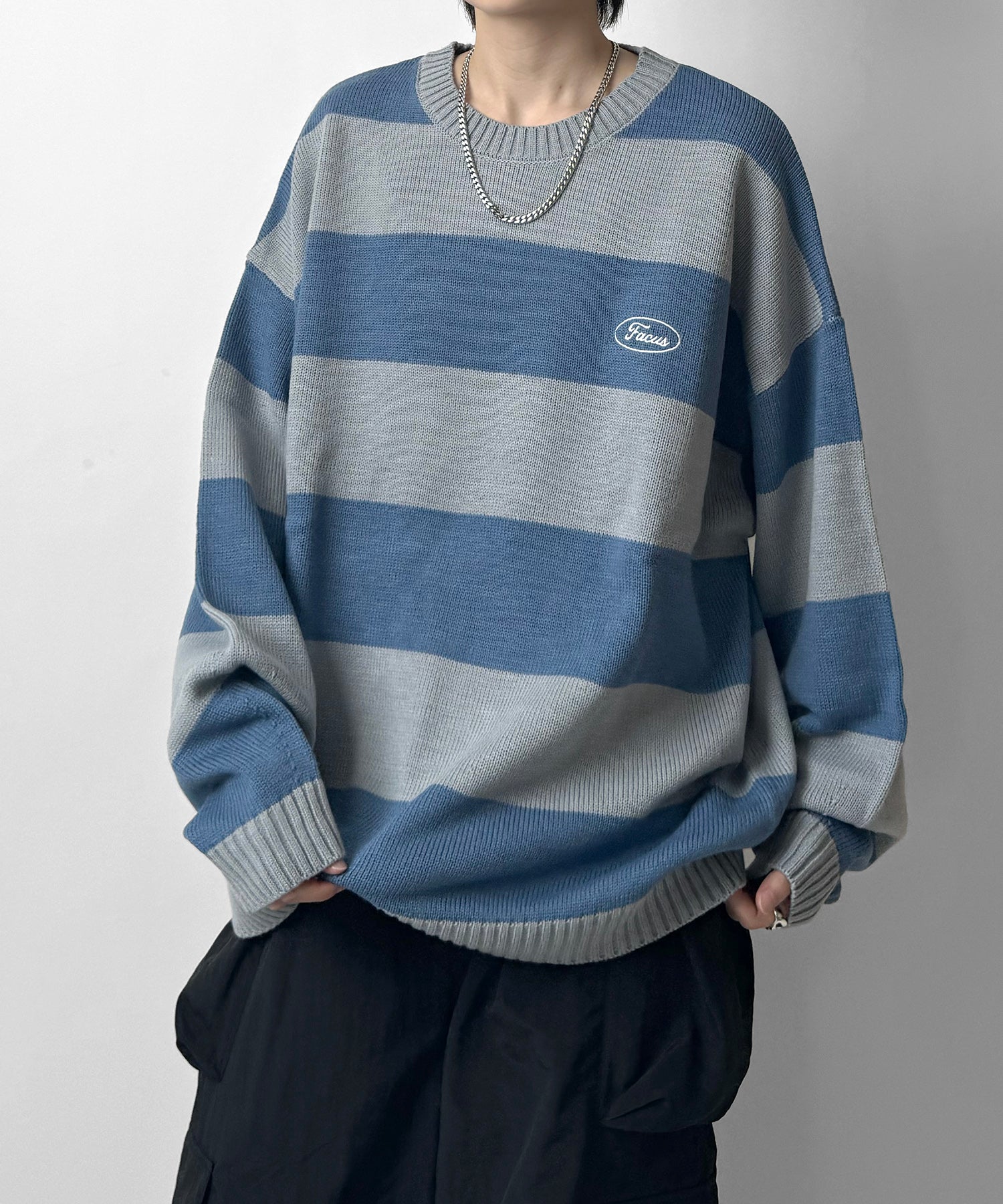 ビッグシルエット ワンポイント刺繍 ボーダーニットプルオーバー