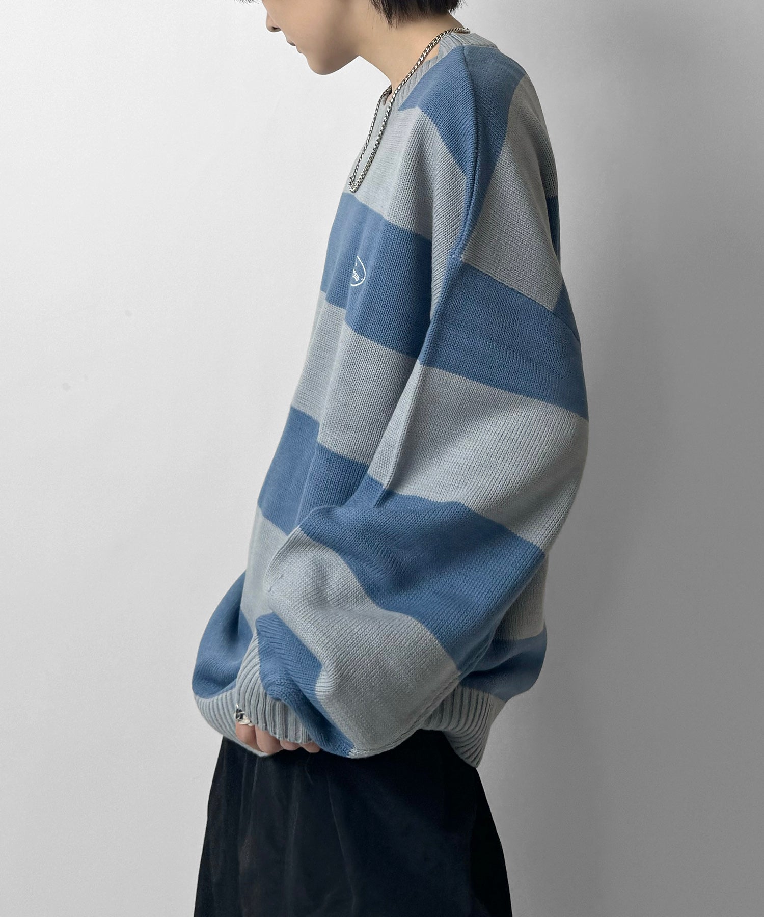 ビッグシルエット ワンポイント刺繍 ボーダーニットプルオーバー