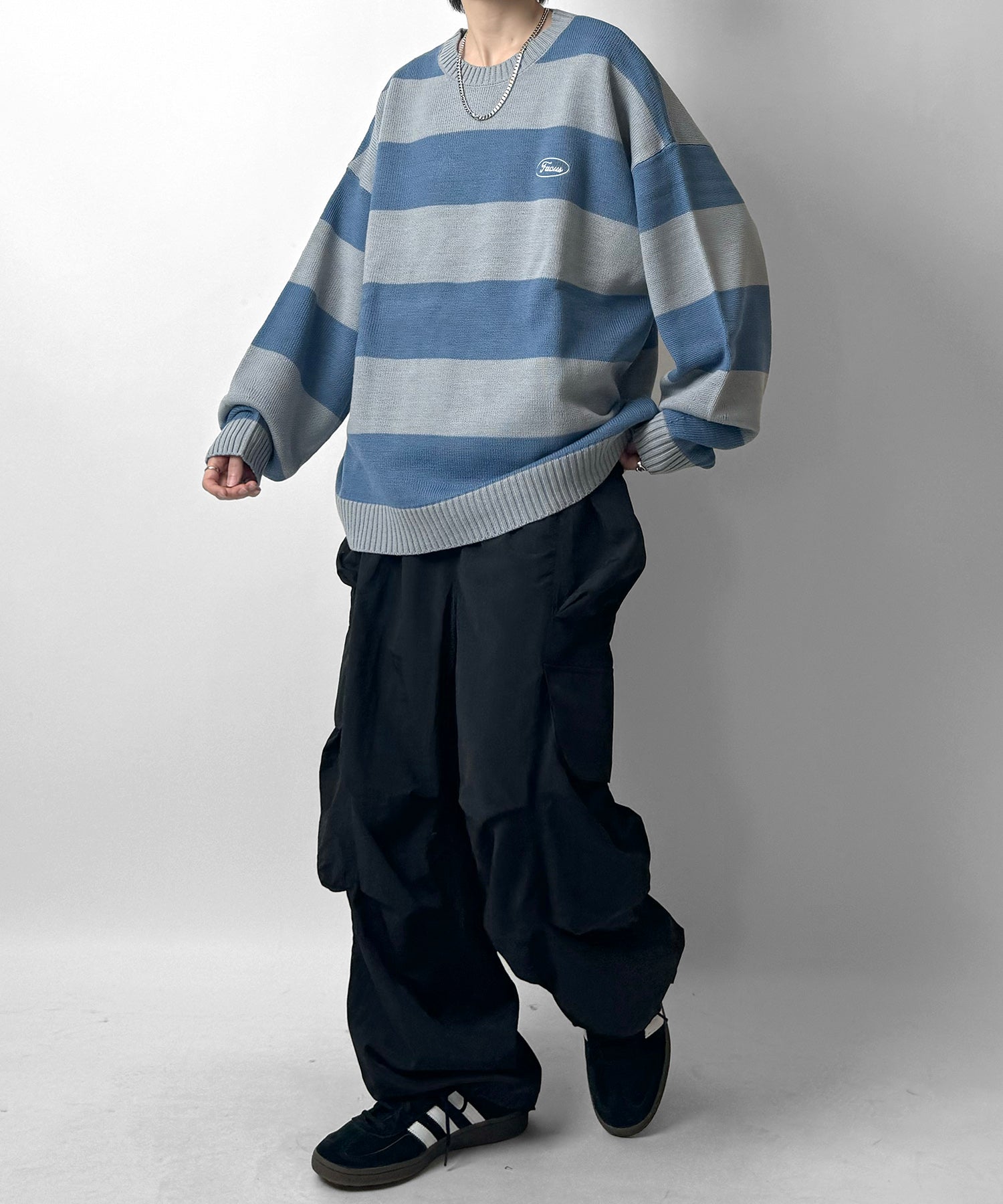 ビッグシルエット ワンポイント刺繍 ボーダーニットプルオーバー