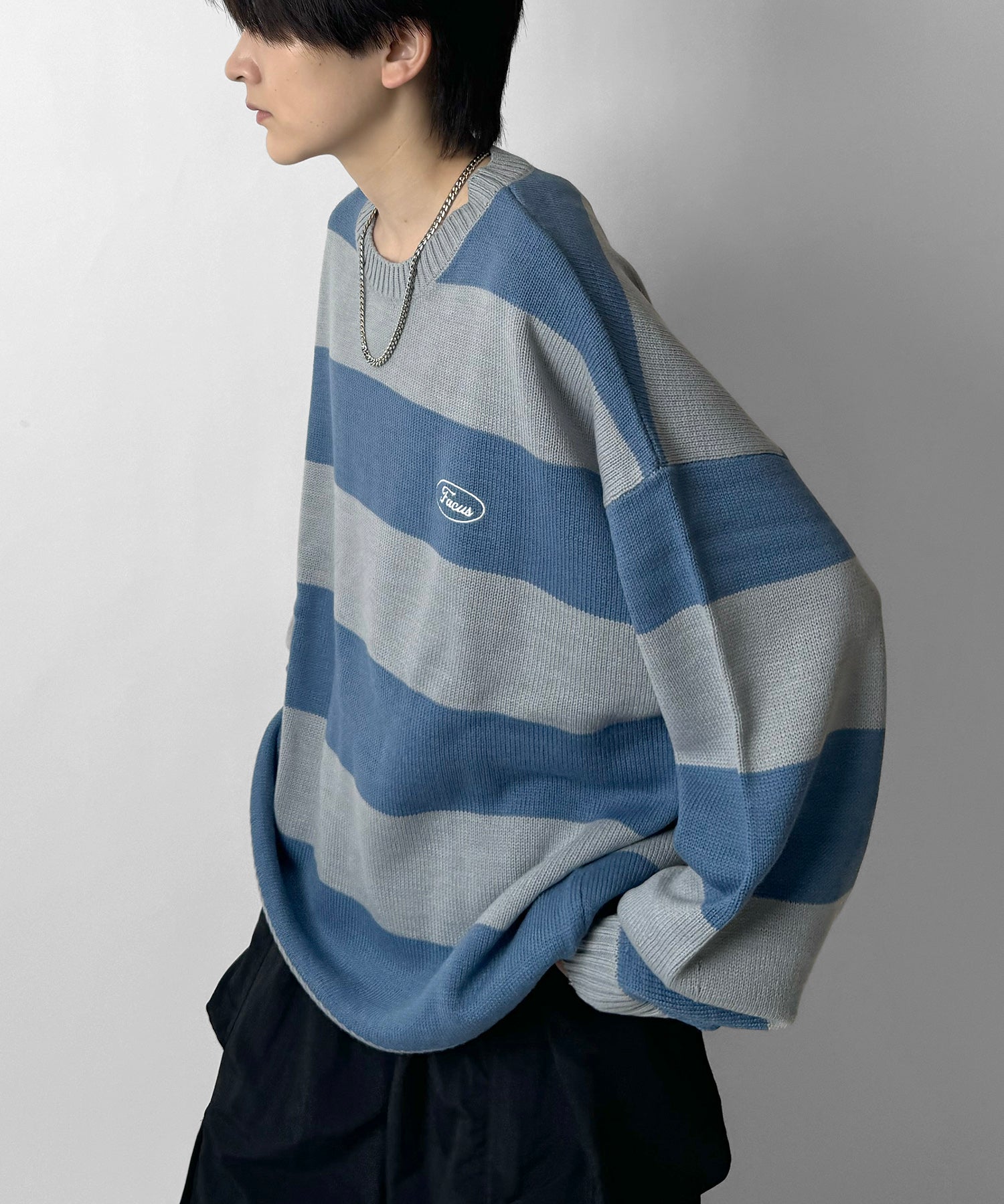 ビッグシルエット ワンポイント刺繍 ボーダーニットプルオーバー