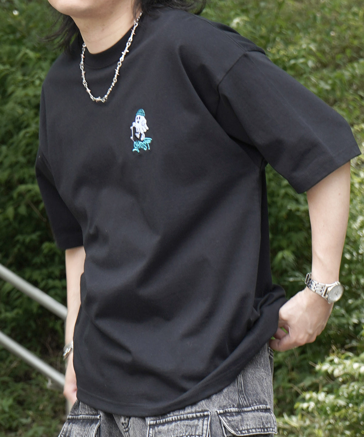 25SS ゴーストワンポイント刺繍 ボックスシルエット 半袖Tシャツ