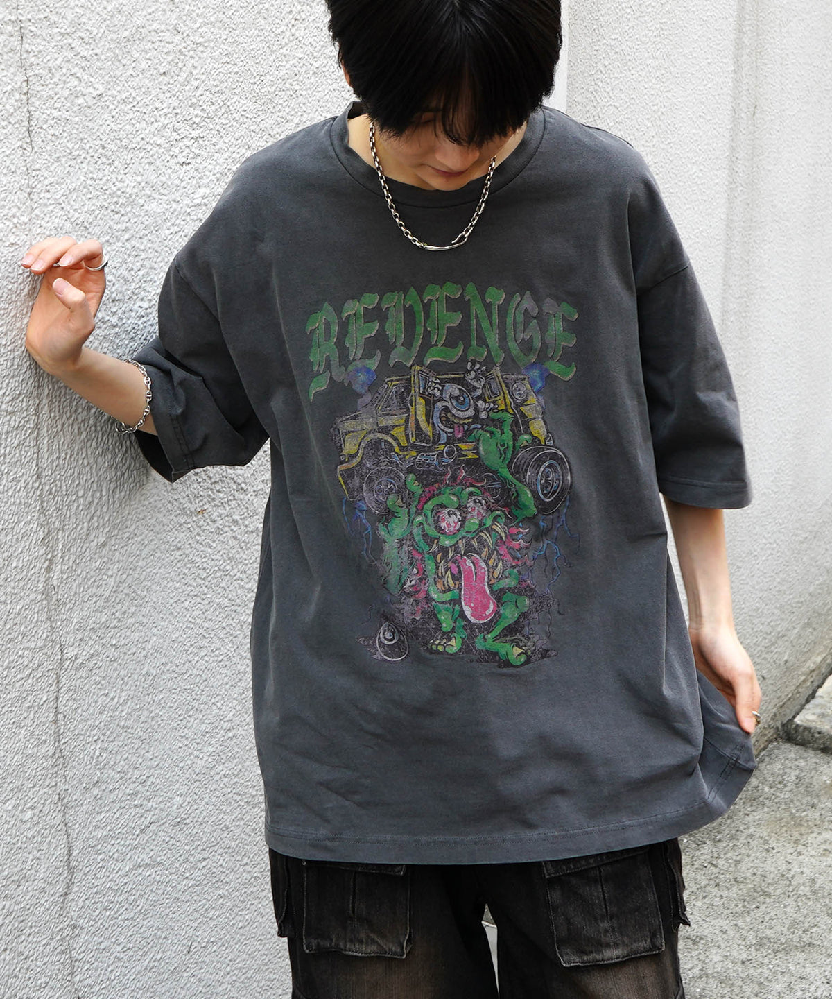 25SS モンスター ヴィンテージライク ピグメント加工 アメカジ風 レトロプリント ロックTシャツ