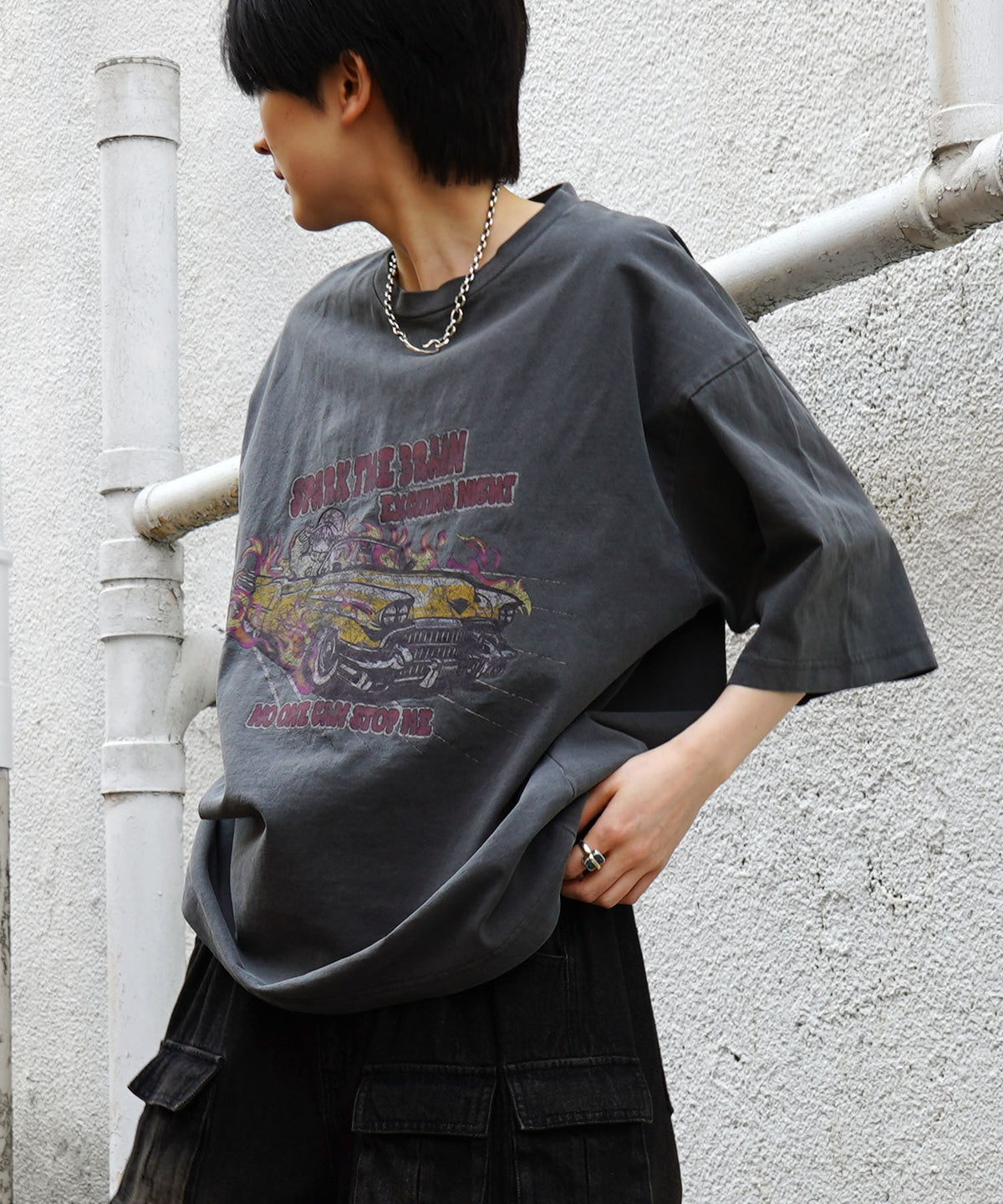 25SS レースガール ヴィンテージライク ピグメント加工 アメカジ風 レトロプリント ロックTシャツ