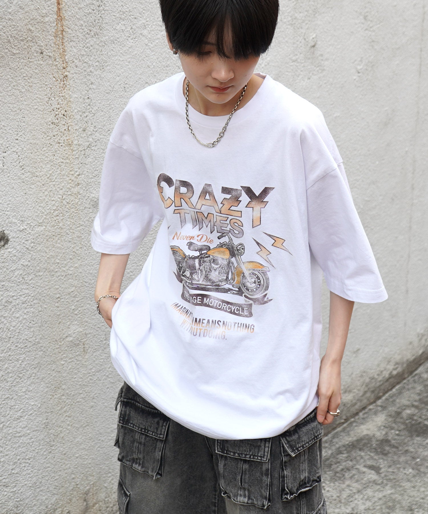 25SS バイク ヴィンテージライク ピグメント加工 アメカジ風 レトロプリント ロックTシャツ
