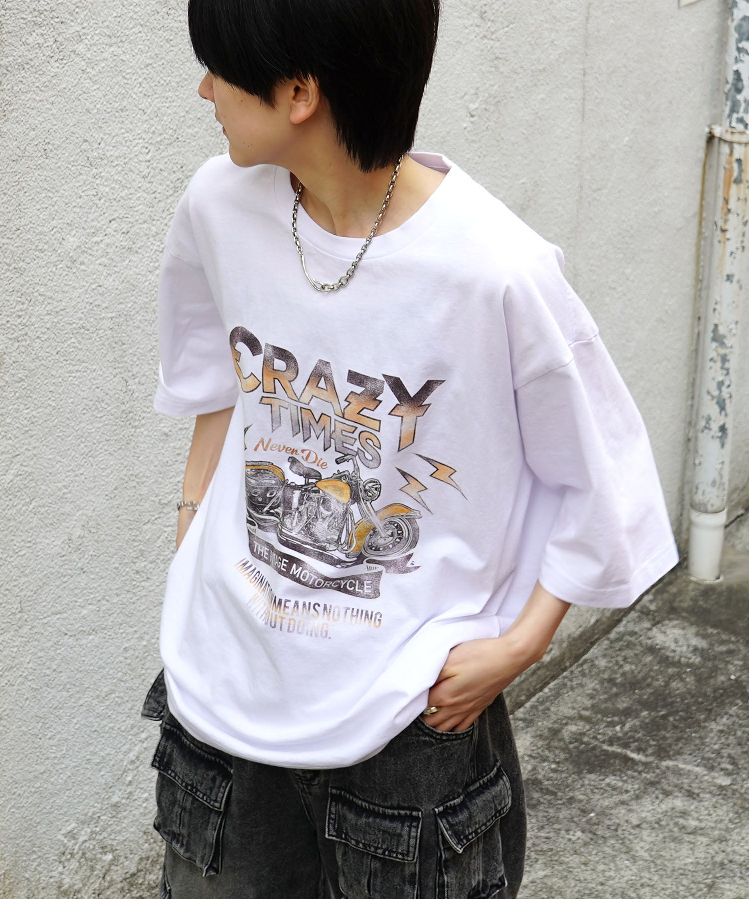 25SS バイク ヴィンテージライク ピグメント加工 アメカジ風 レトロプリント ロックTシャツ