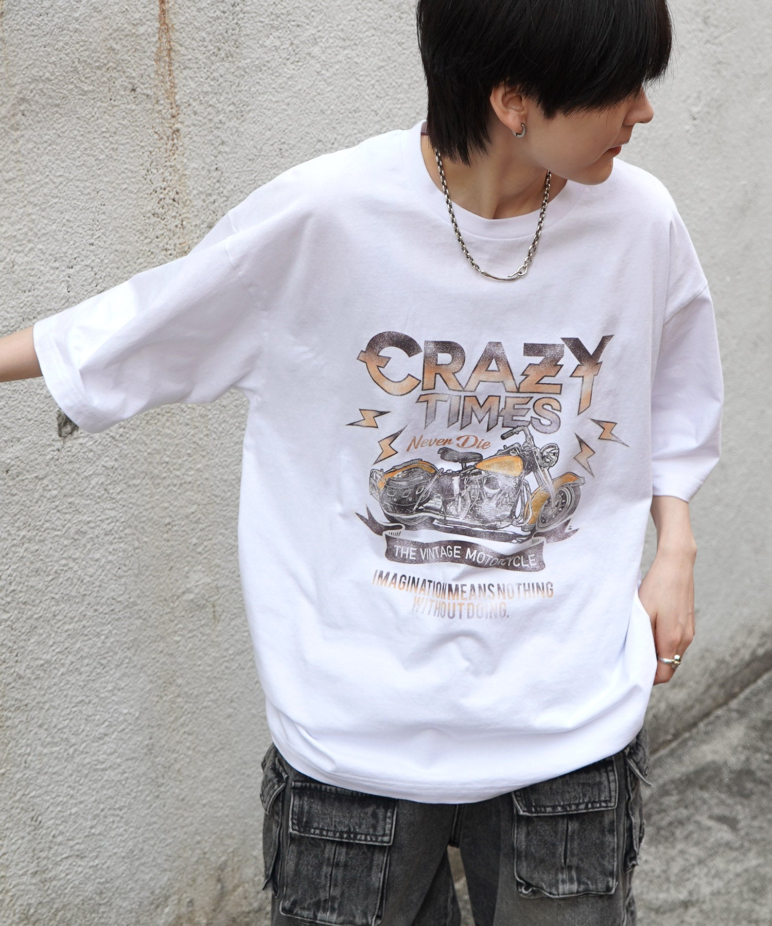 25SS バイク ヴィンテージライク ピグメント加工 アメカジ風 レトロプリント ロックTシャツ