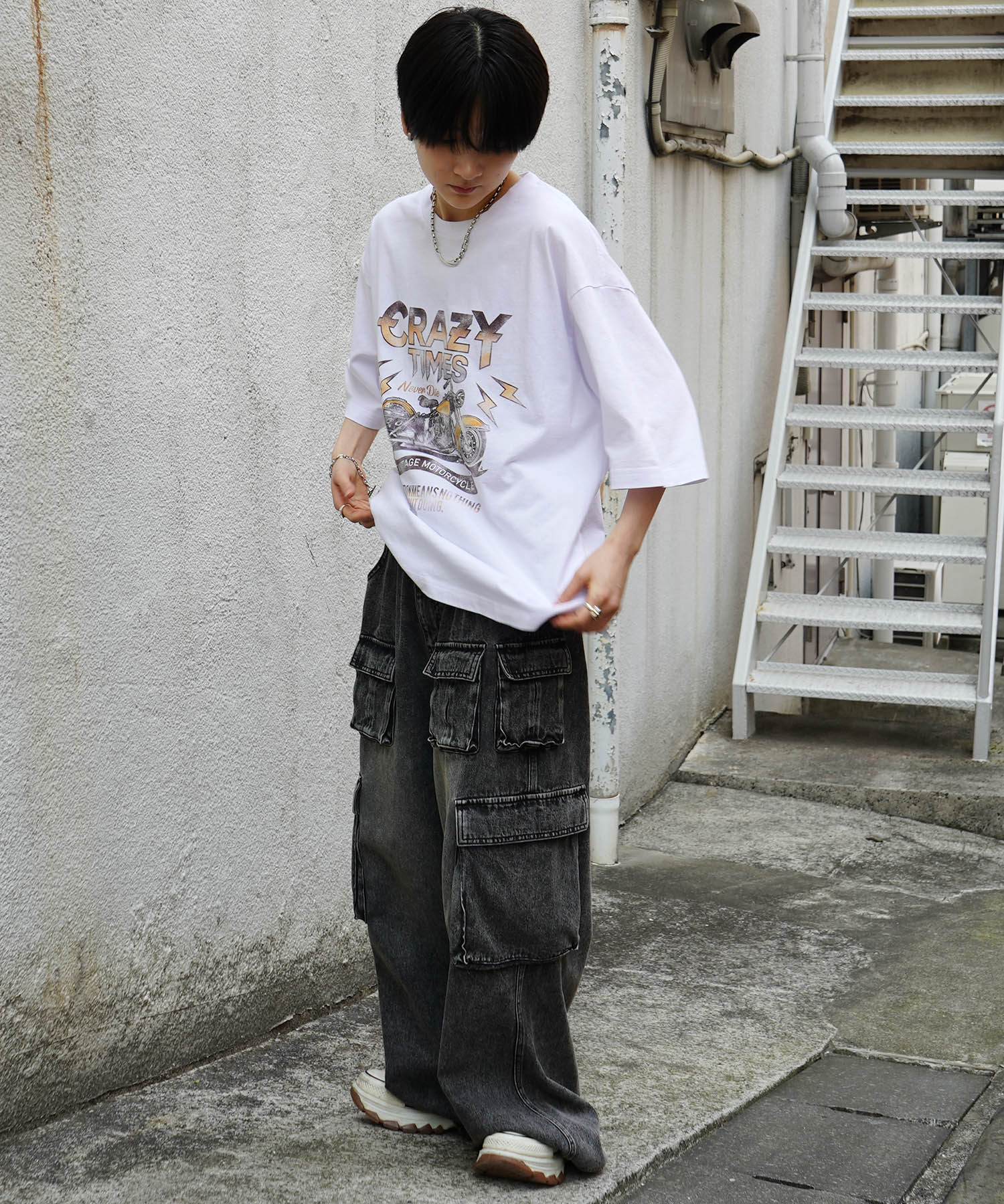 25SS バイク ヴィンテージライク ピグメント加工 アメカジ風 レトロプリント ロックTシャツ
