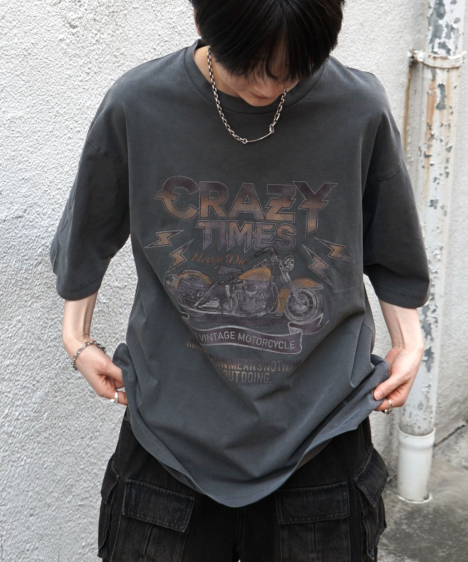 25SS バイク ヴィンテージライク ピグメント加工 アメカジ風 レトロプリント ロックTシャツ