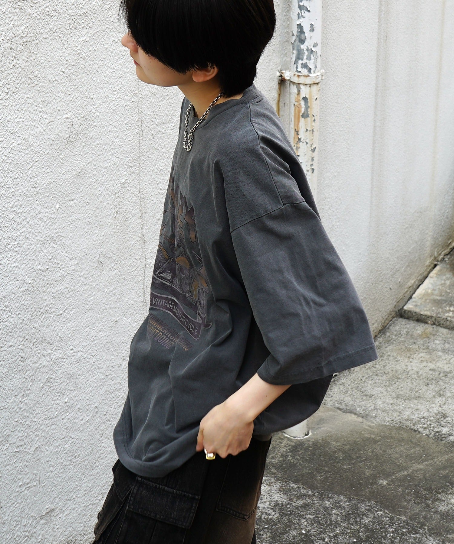 25SS バイク ヴィンテージライク ピグメント加工 アメカジ風 レトロプリント ロックTシャツ