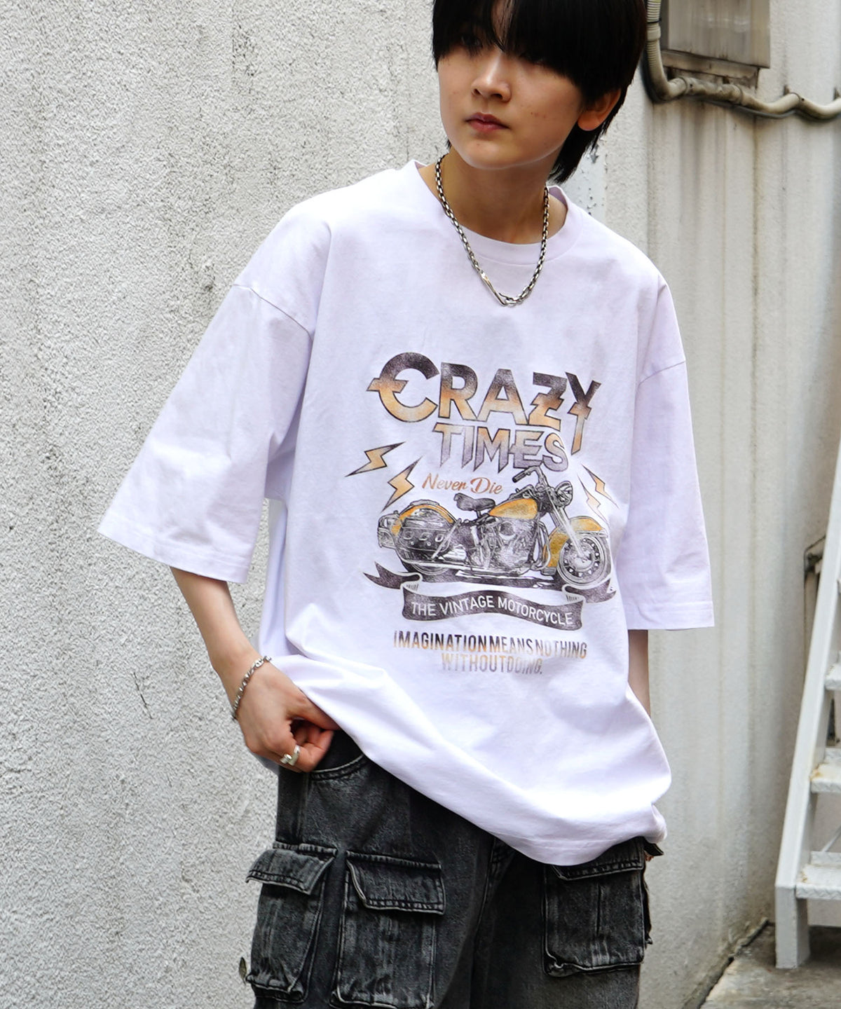 25SS バイク ヴィンテージライク ピグメント加工 アメカジ風 レトロプリント ロックTシャツ