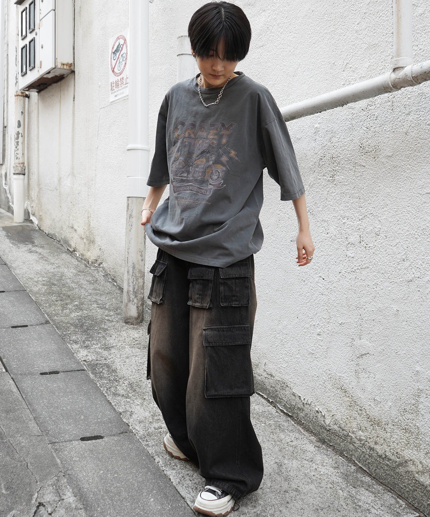 25SS バイク ヴィンテージライク ピグメント加工 アメカジ風 レトロプリント ロックTシャツ