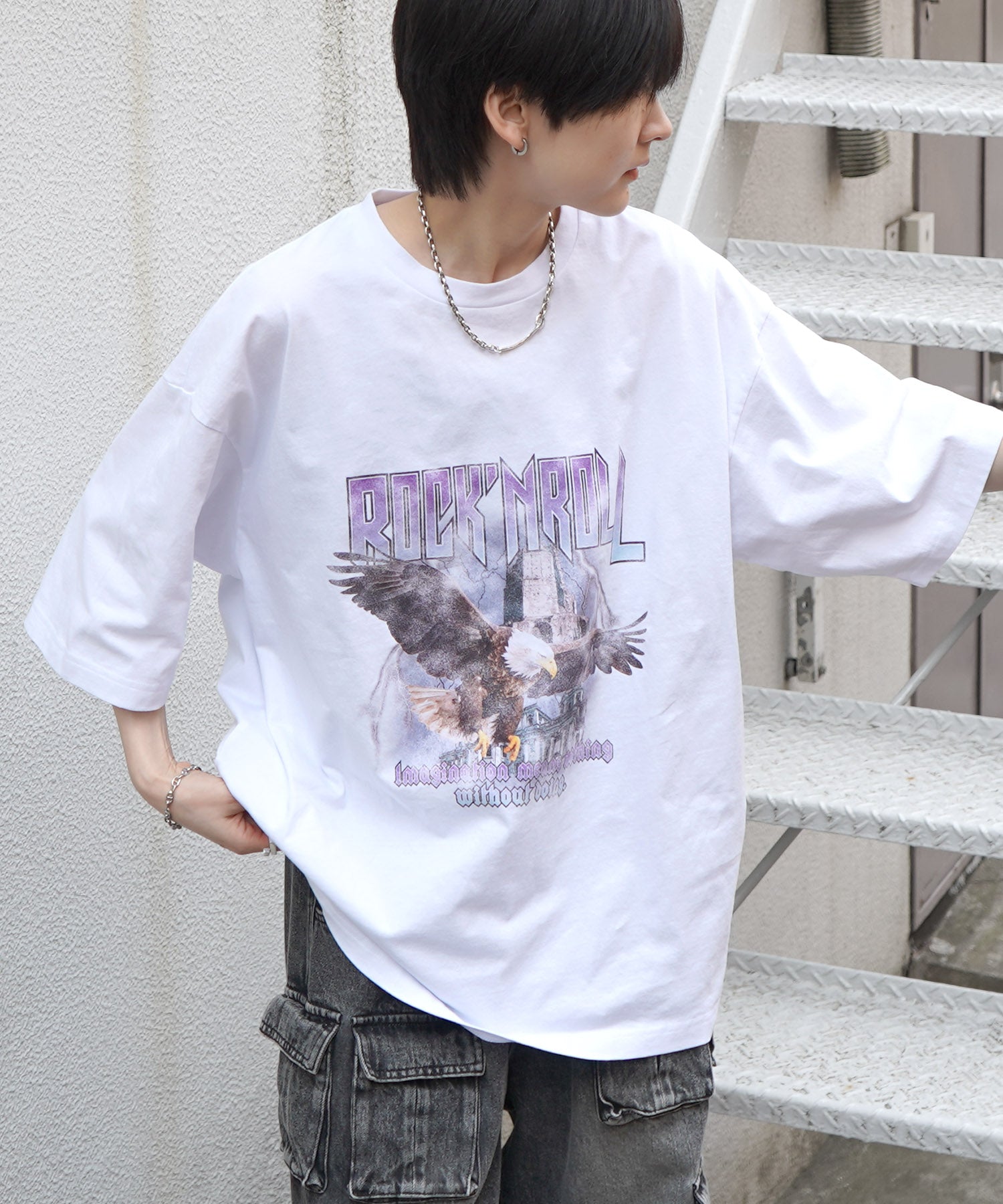 25SS イーグル ヴィンテージライク ピグメント加工 アメカジ風 レトロプリント ロックTシャツ
