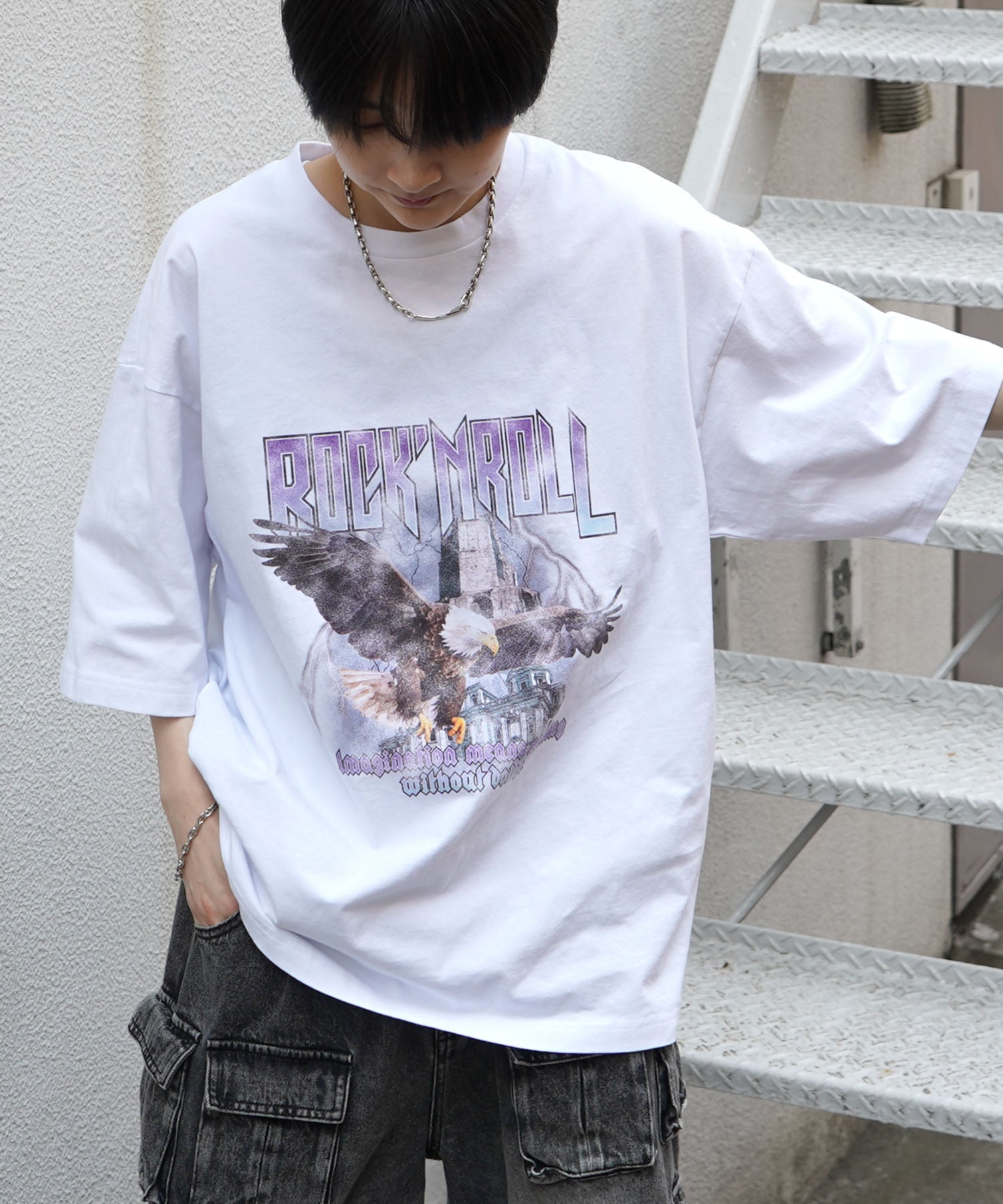 25SS イーグル ヴィンテージライク ピグメント加工 アメカジ風 レトロプリント ロックTシャツ