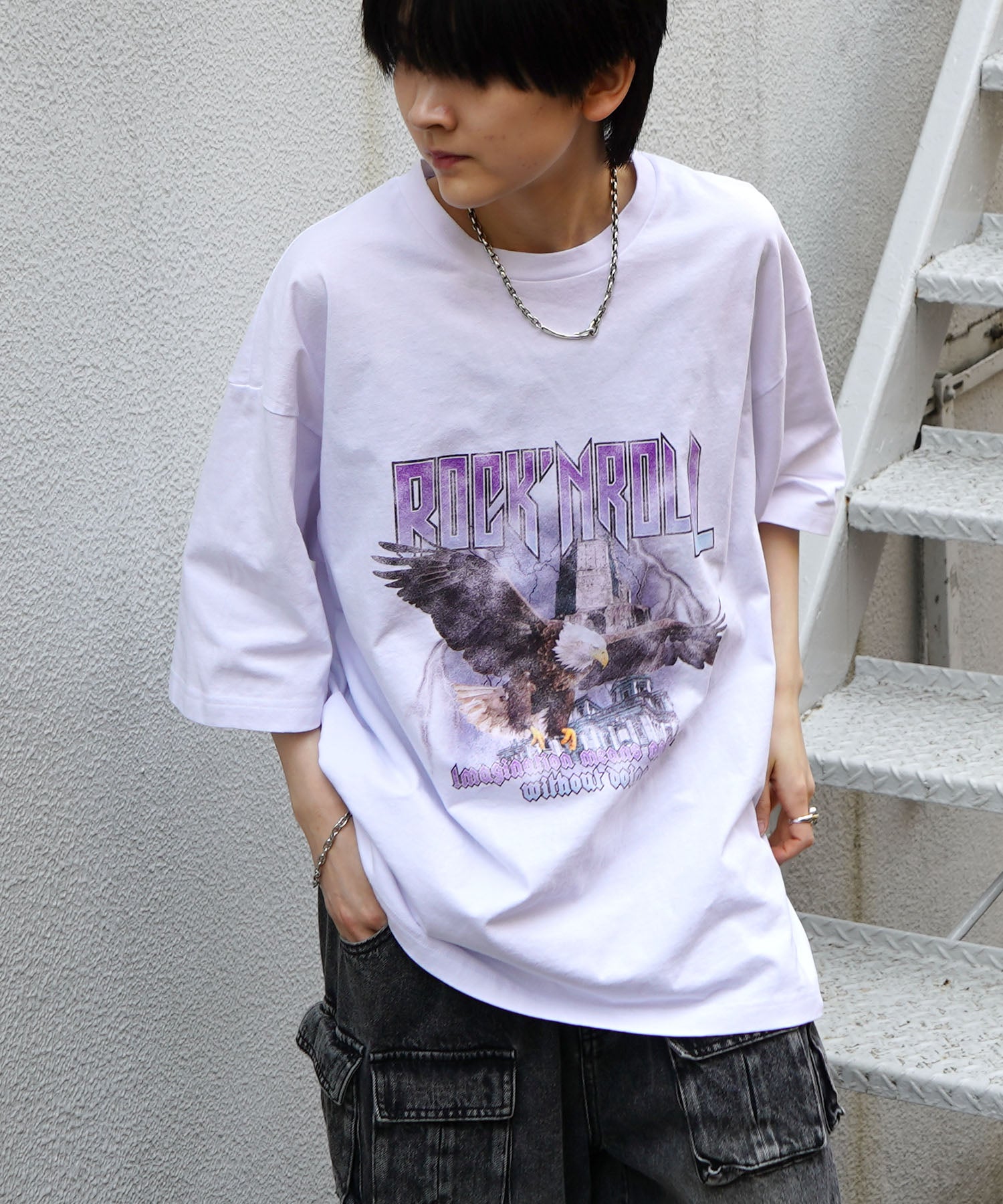 25SS イーグル ヴィンテージライク ピグメント加工 アメカジ風 レトロプリント ロックTシャツ