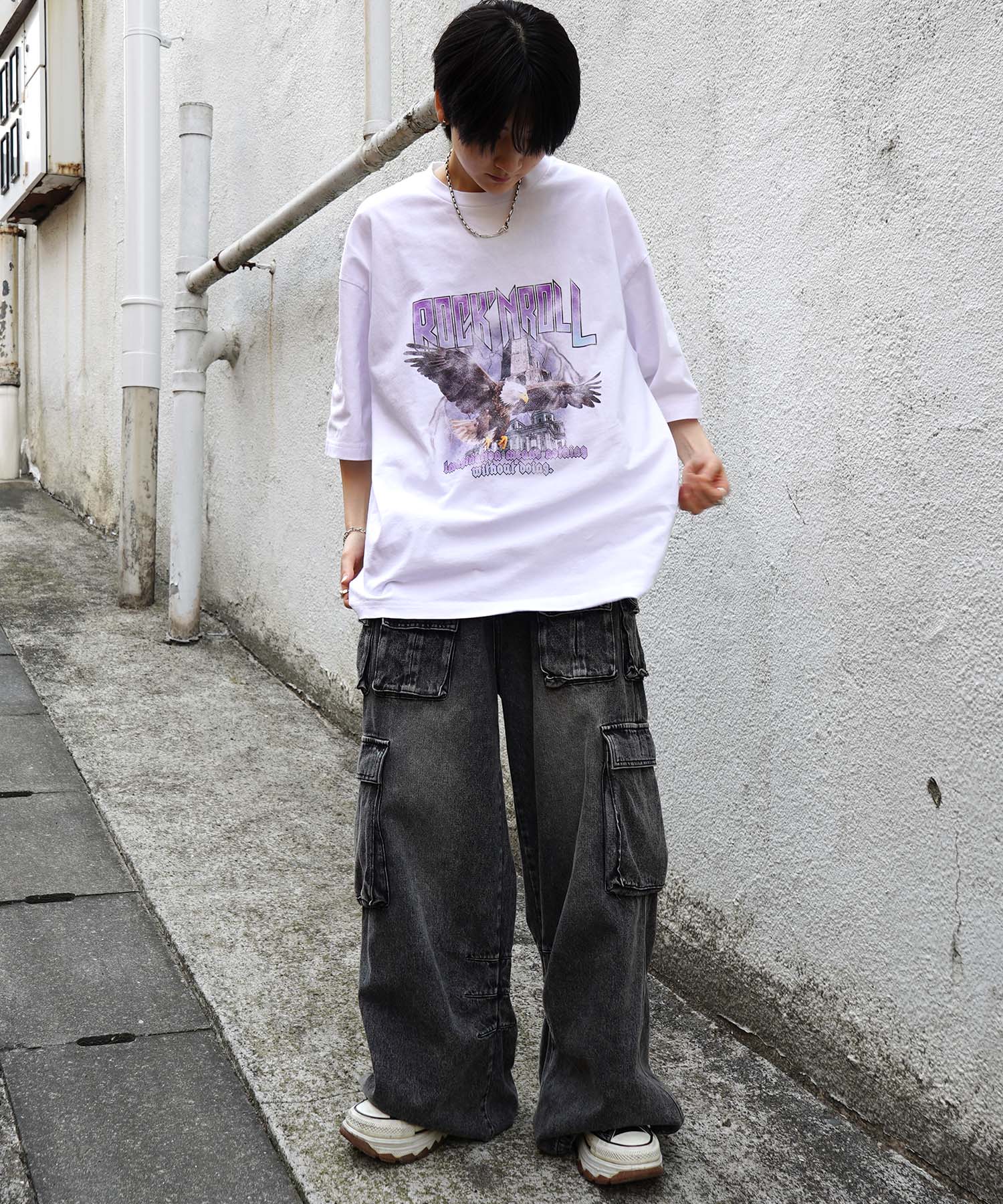 25SS イーグル ヴィンテージライク ピグメント加工 アメカジ風 レトロプリント ロックTシャツ
