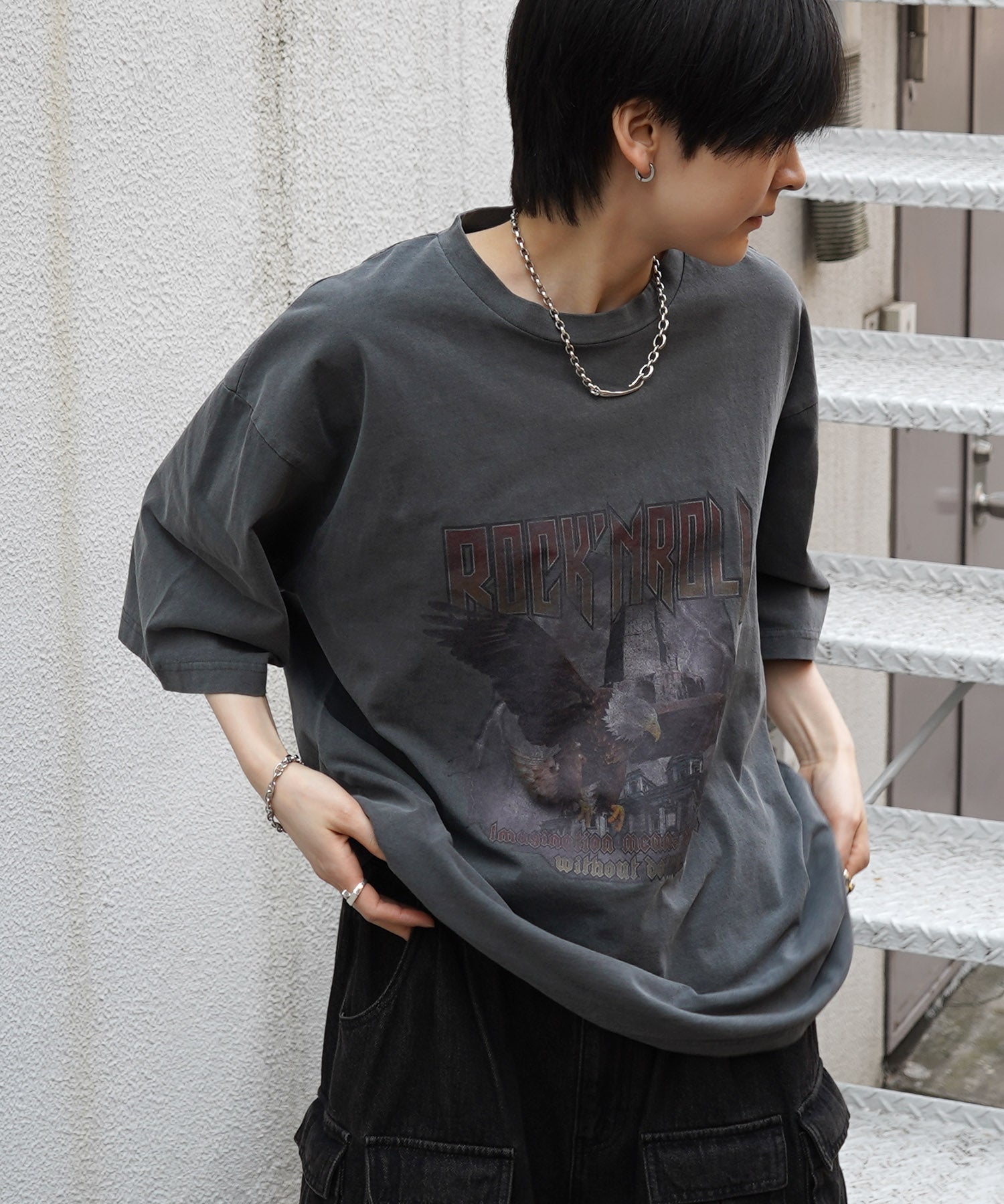 25SS イーグル ヴィンテージライク ピグメント加工 アメカジ風 レトロプリント ロックTシャツ