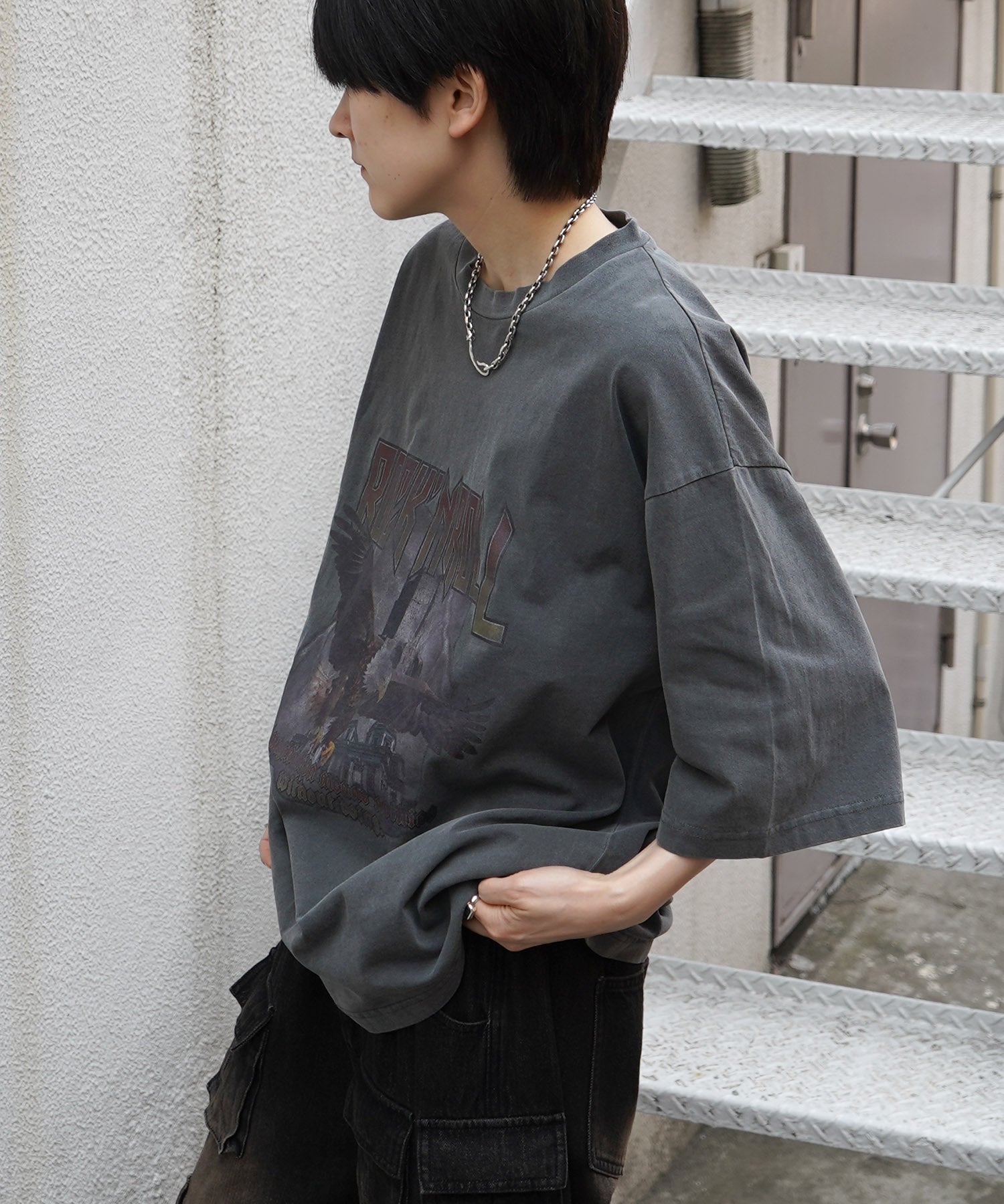 25SS イーグル ヴィンテージライク ピグメント加工 アメカジ風 レトロプリント ロックTシャツ