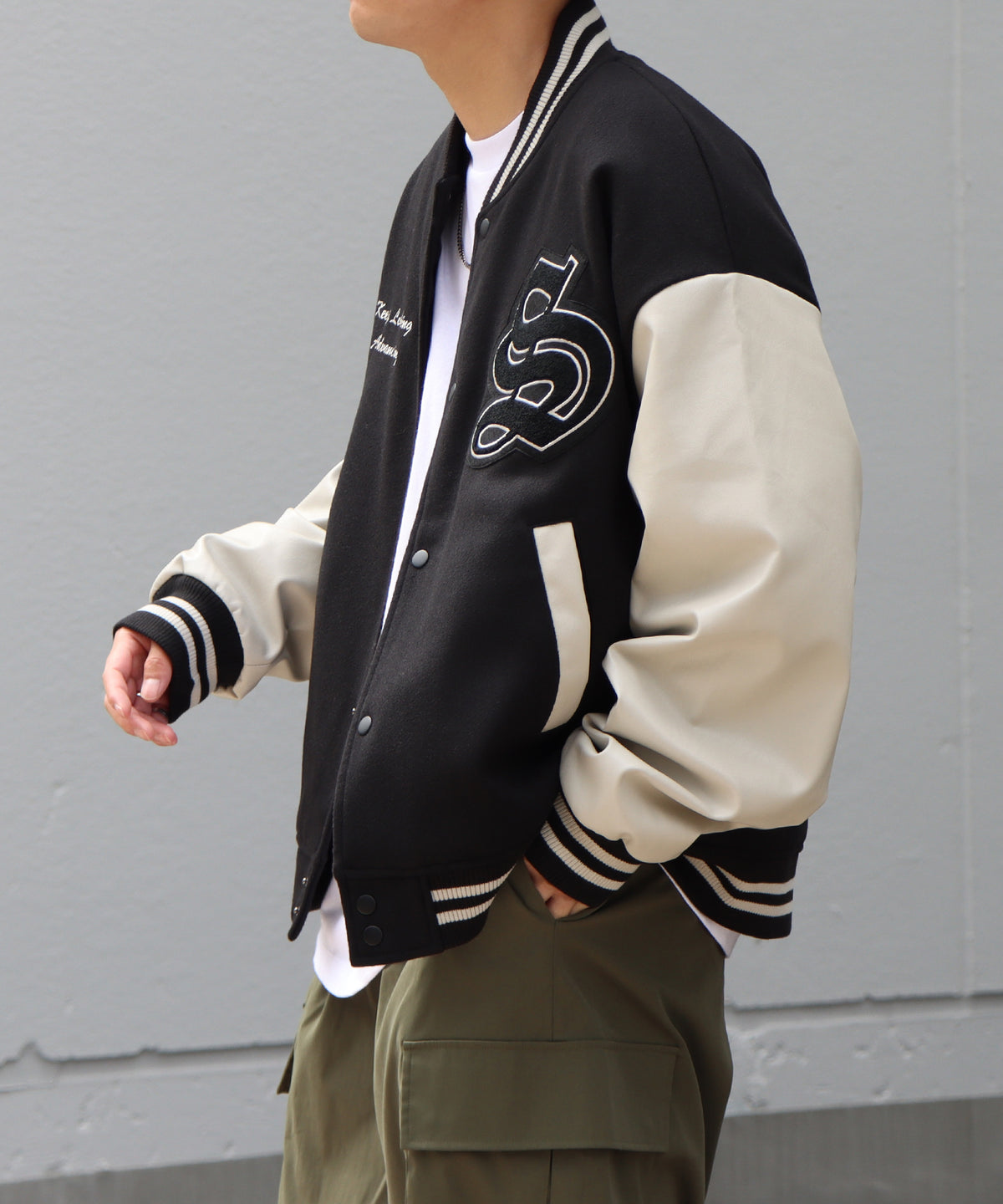 サガラワッペン刺繍 ビッグシルエットスタジャン ウールテック シンセティックレザー