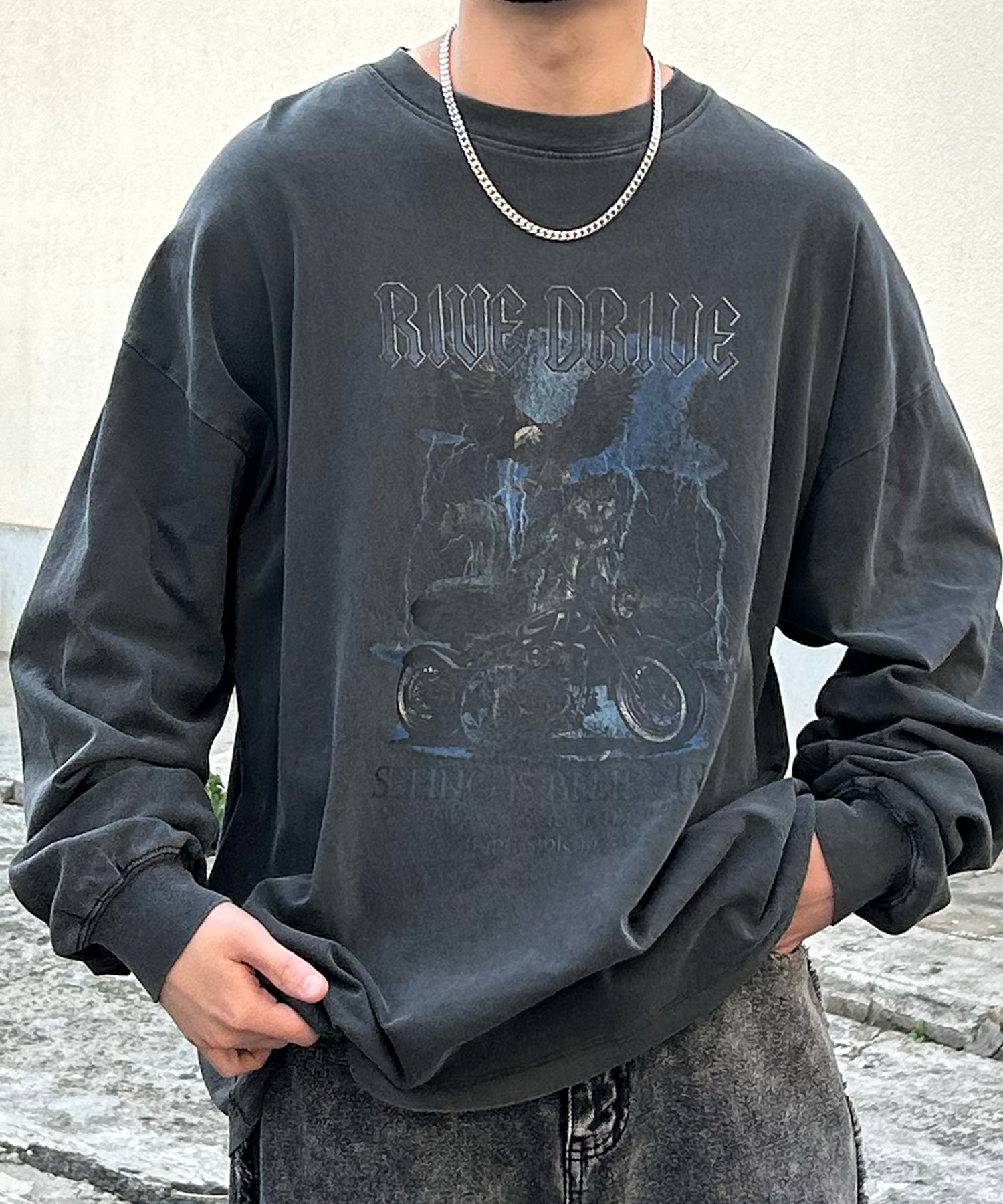 ヴィンテージライク レトロプリント ピグメント加工 ビッグシルエット バンドロンT