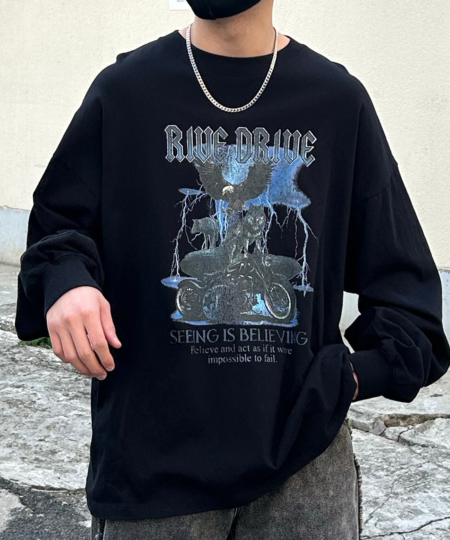 ヴィンテージライク レトロプリント ピグメント加工 ビッグシルエット バンドロンT