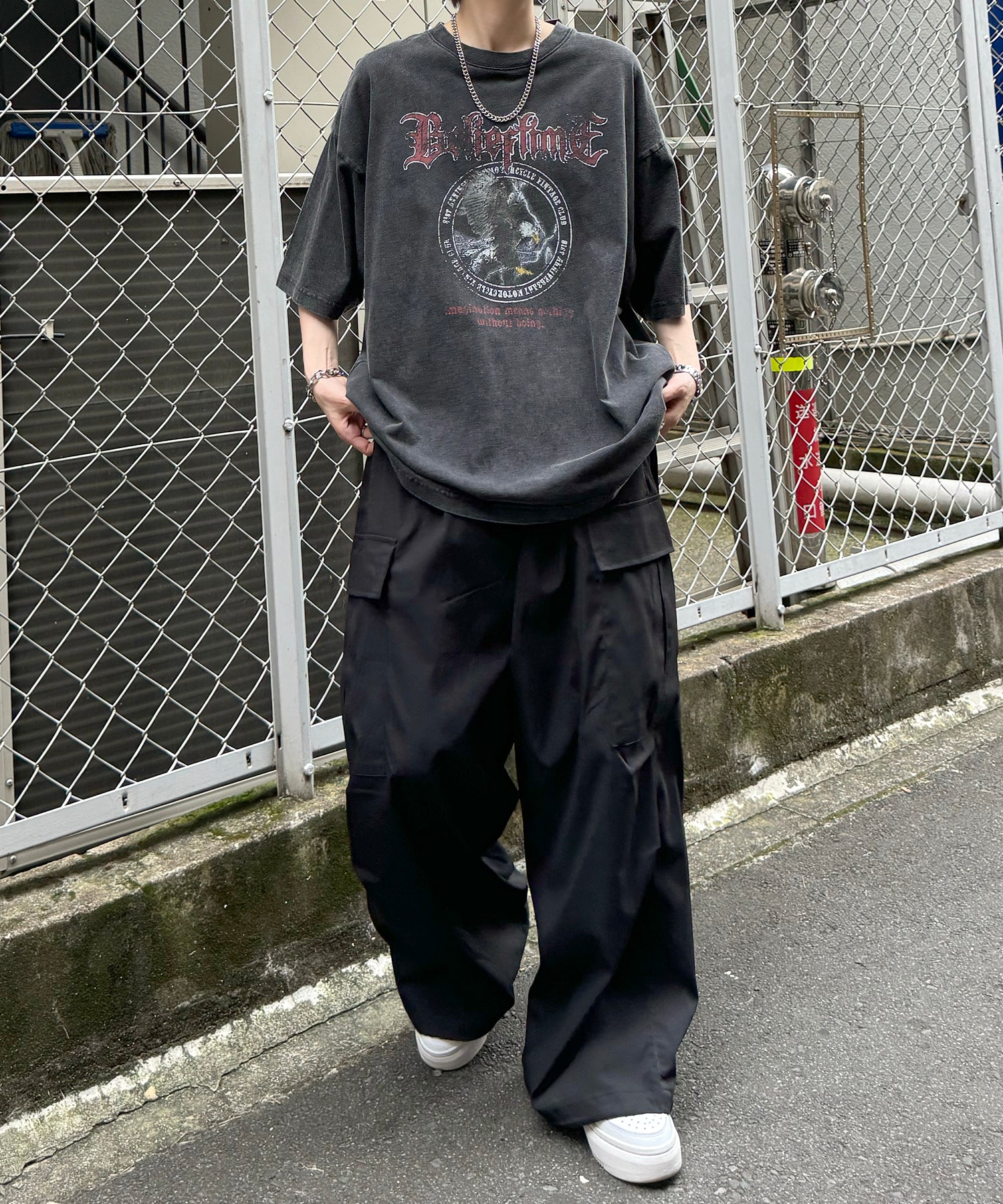 24SS ヴィンテージライク ロックプリント レトロ ピグメント加工 ビッグシルエット半袖バンドTシャツ