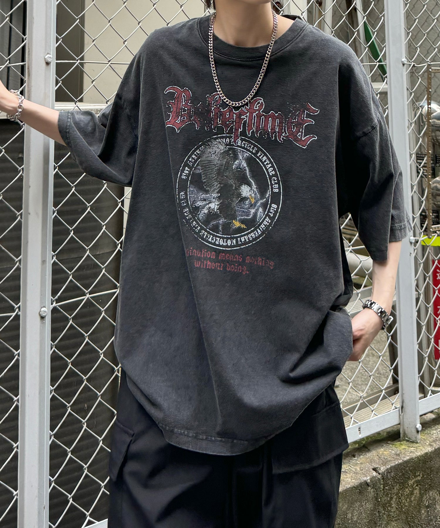 24SS ヴィンテージライク ロックプリント レトロ ピグメント加工 ビッグシルエット半袖バンドTシャツ