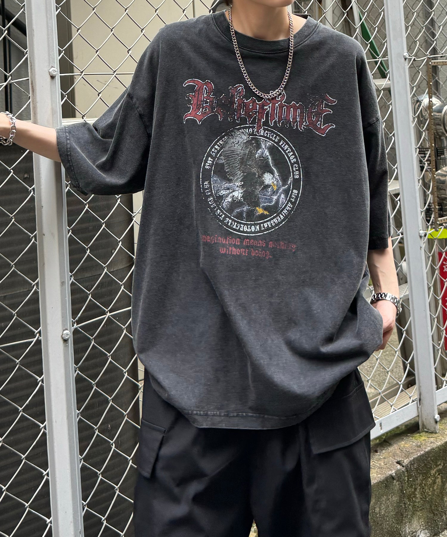 24SS ヴィンテージライク ロックプリント レトロ ピグメント加工 ビッグシルエット半袖バンドTシャツ