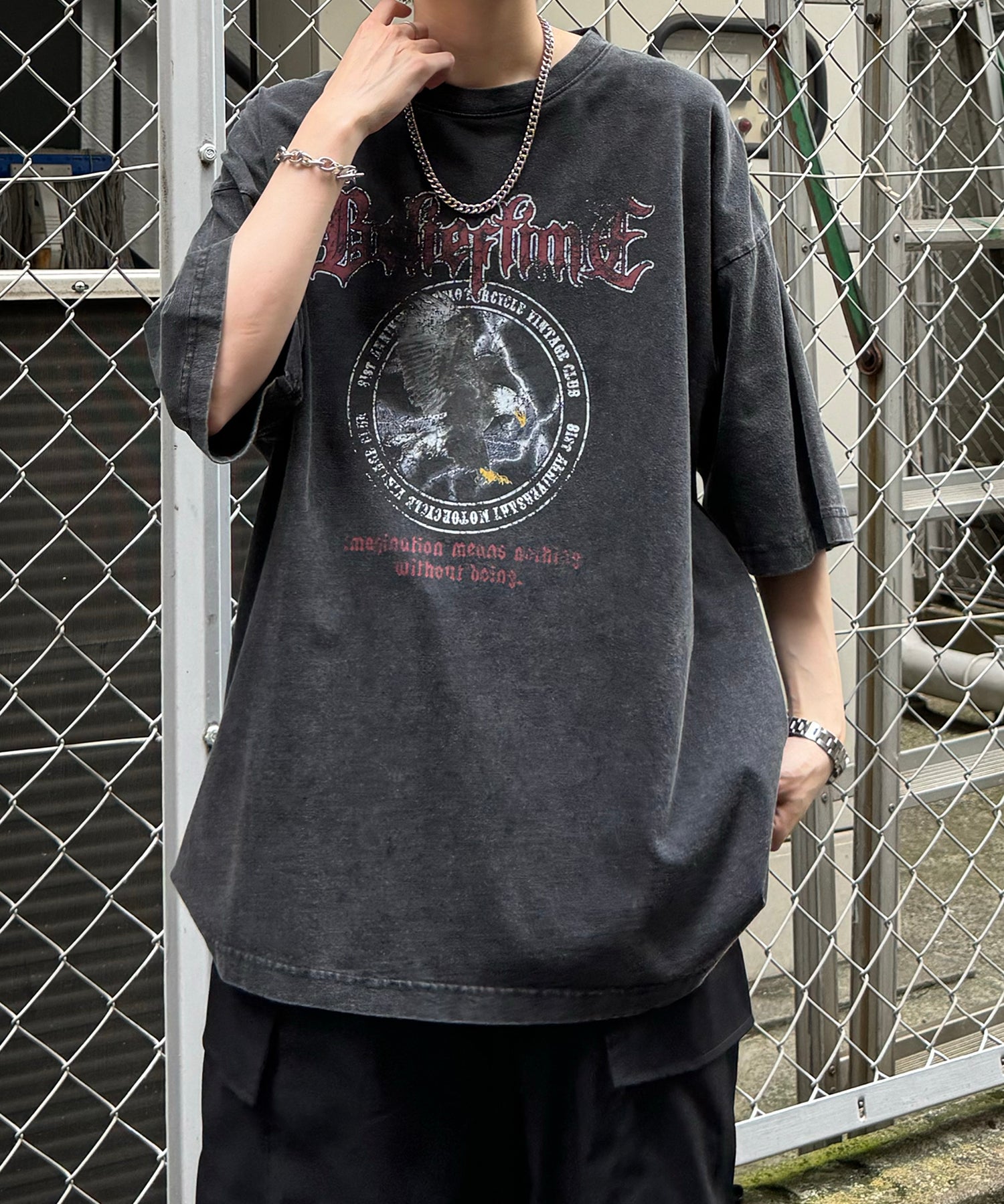 24SS ヴィンテージライク ロックプリント レトロ ピグメント加工 ビッグシルエット半袖バンドTシャツ