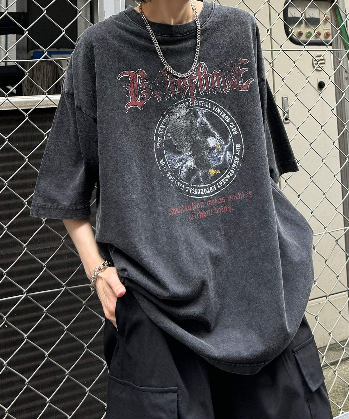 24SS ヴィンテージライク ロックプリント レトロ ピグメント加工 ビッグシルエット半袖バンドTシャツ
