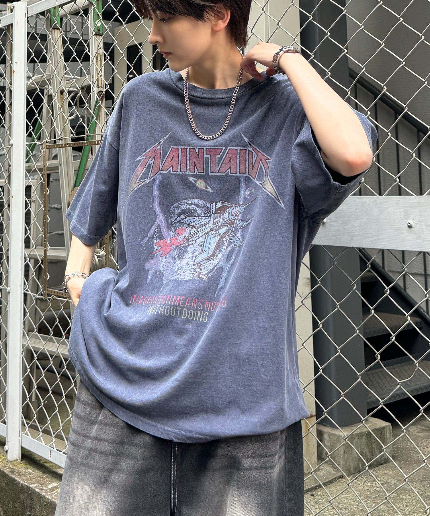 ヴィンテージライク ロックプリント レトロ ピグメント加工 ビッグシルエット半袖バンドTシャツ