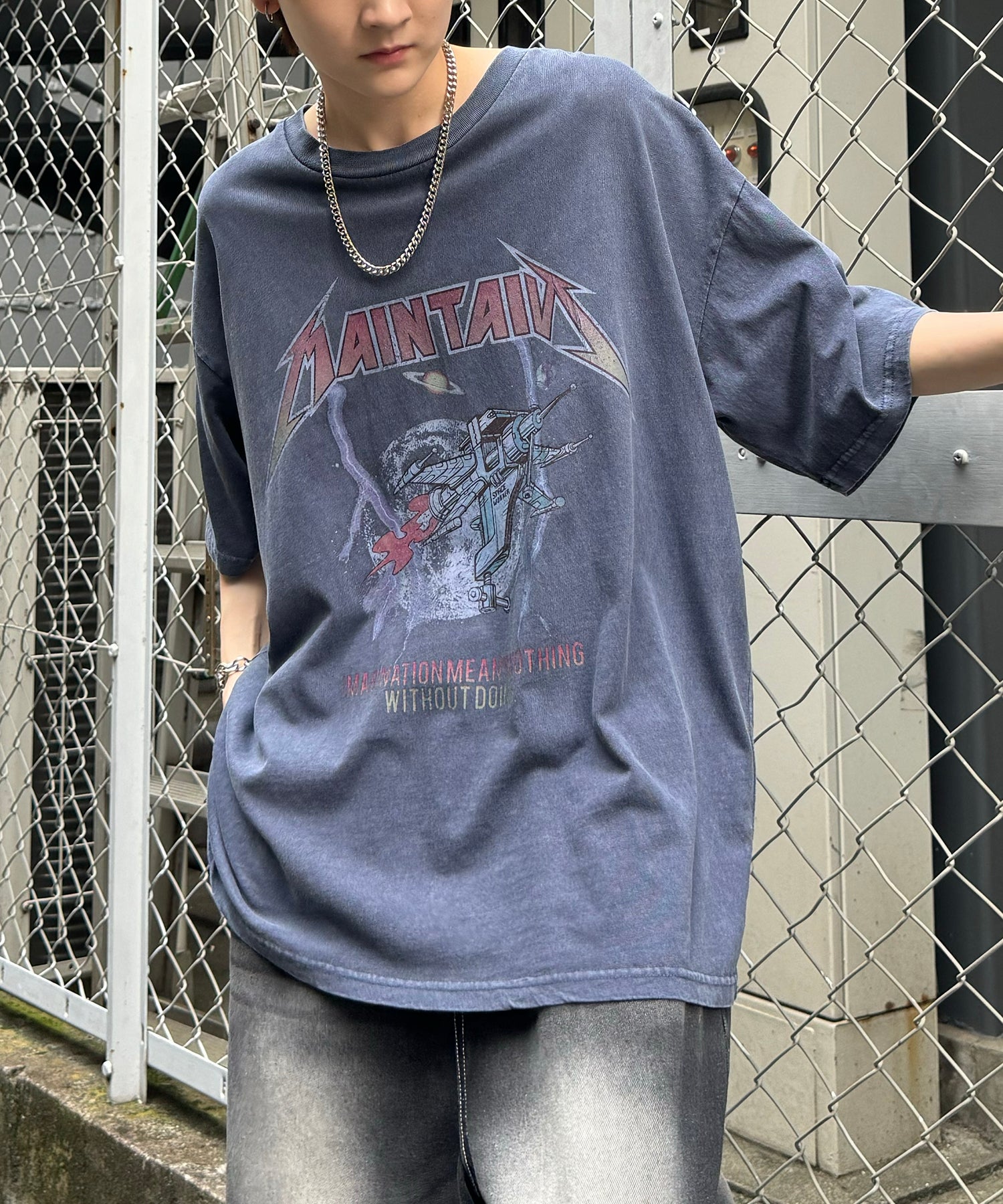 ヴィンテージライク ロックプリント レトロ ピグメント加工 ビッグシルエット半袖バンドTシャツ