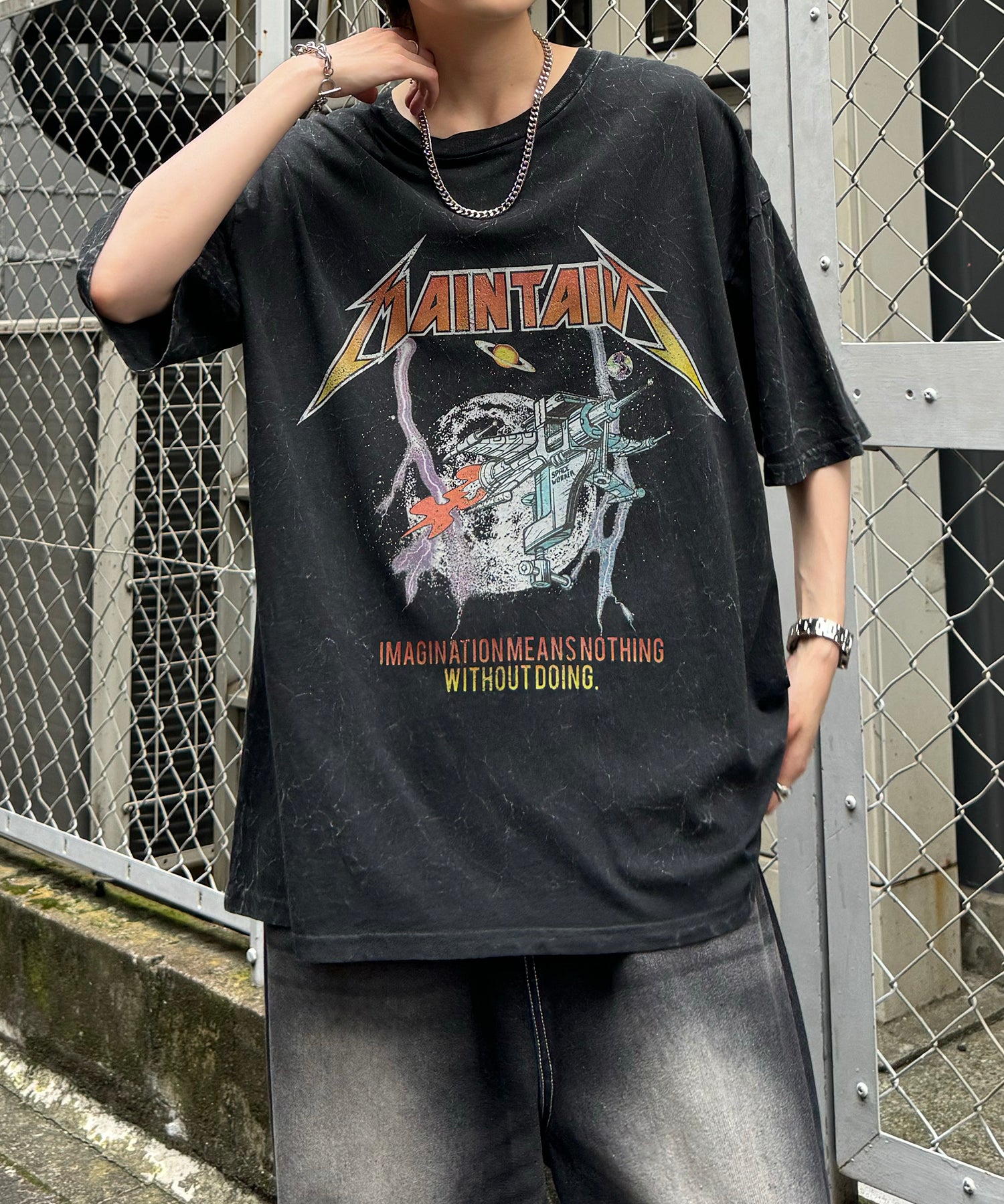 ヴィンテージライク ロックプリント レトロ ピグメント加工 ビッグシルエット半袖バンドTシャツ