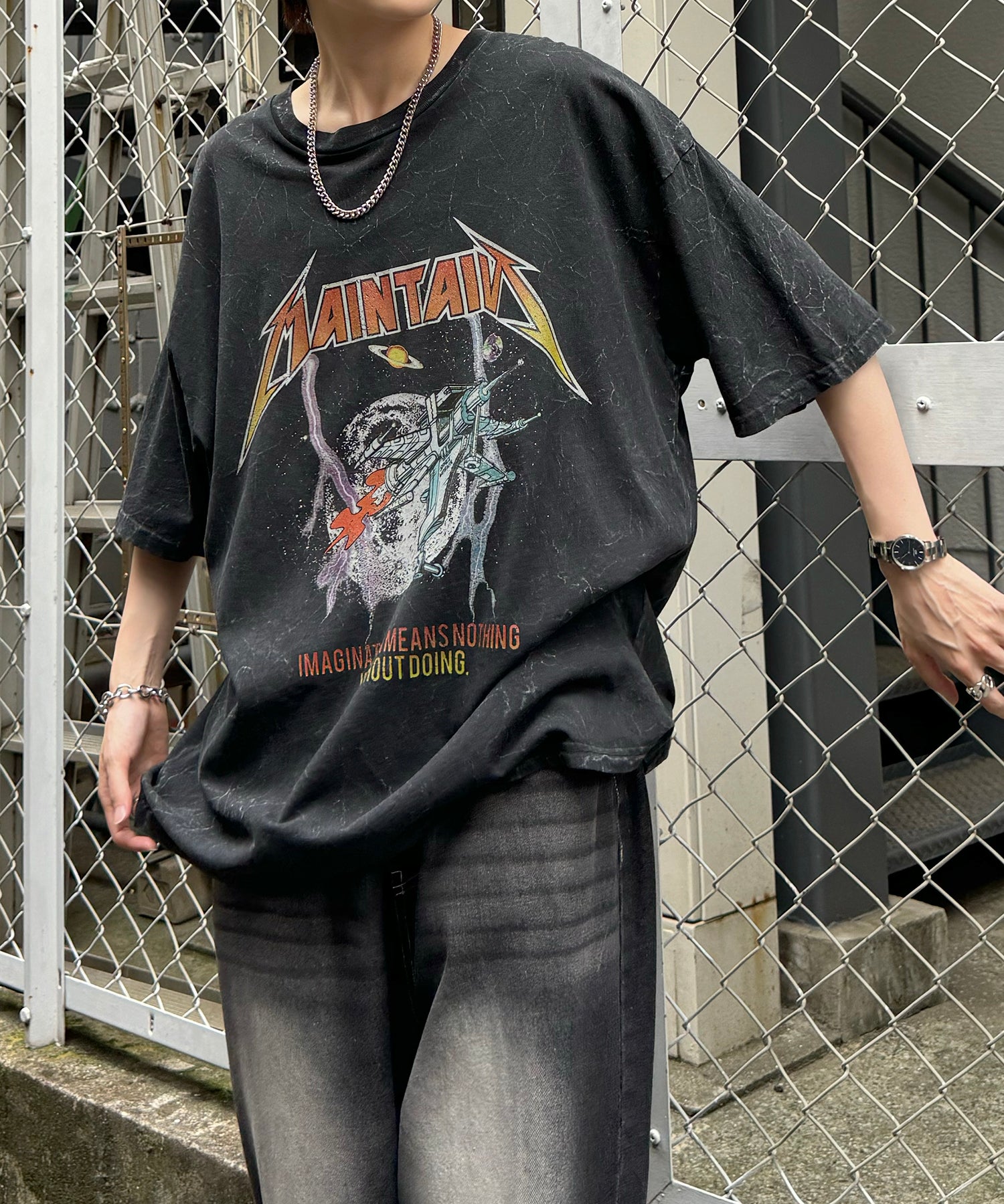 ヴィンテージライク ロックプリント レトロ ピグメント加工 ビッグシルエット半袖バンドTシャツ