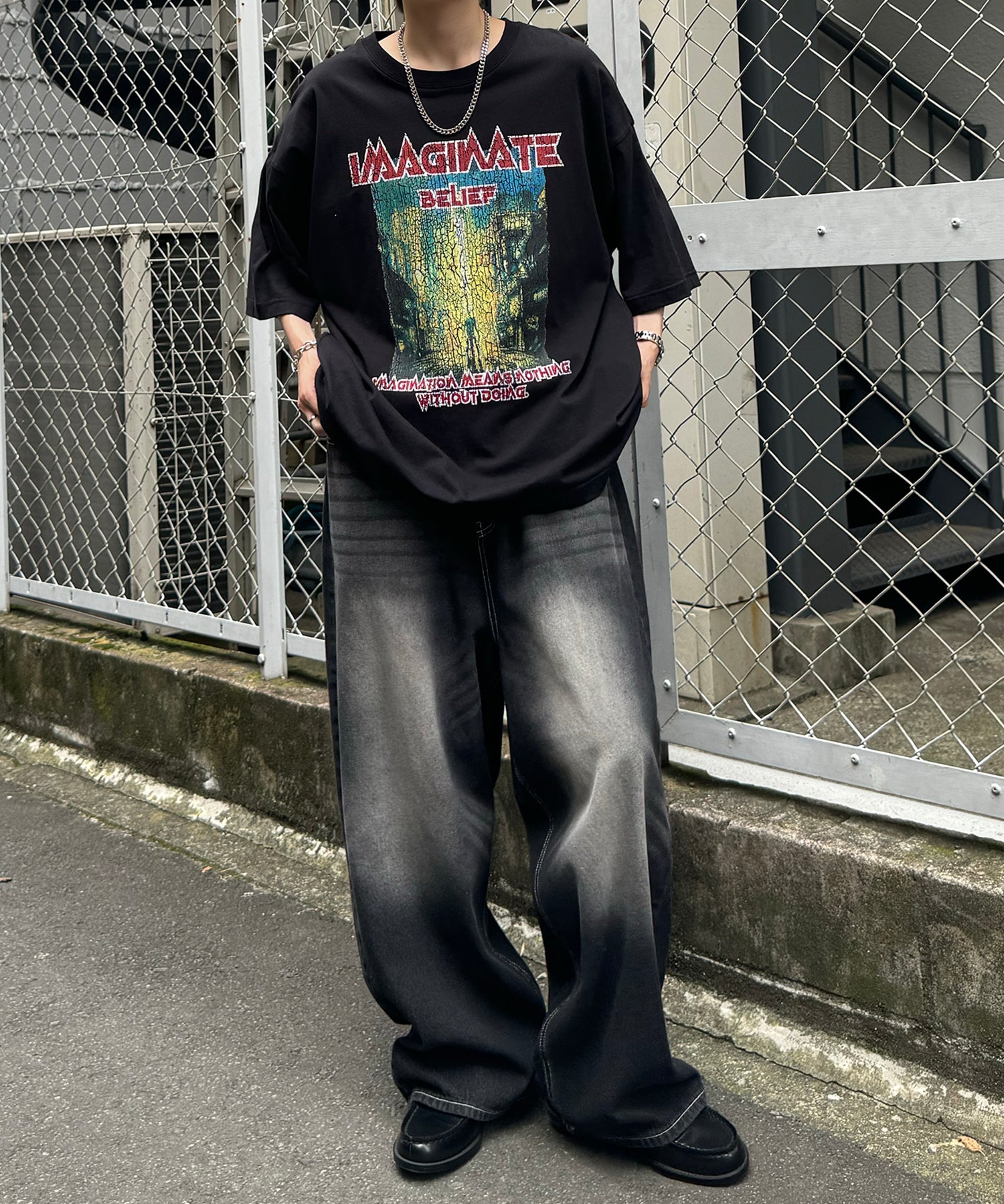 ヴィンテージライク ロックプリント レトロ ピグメント加工 ビッグシルエット半袖バンドTシャツ