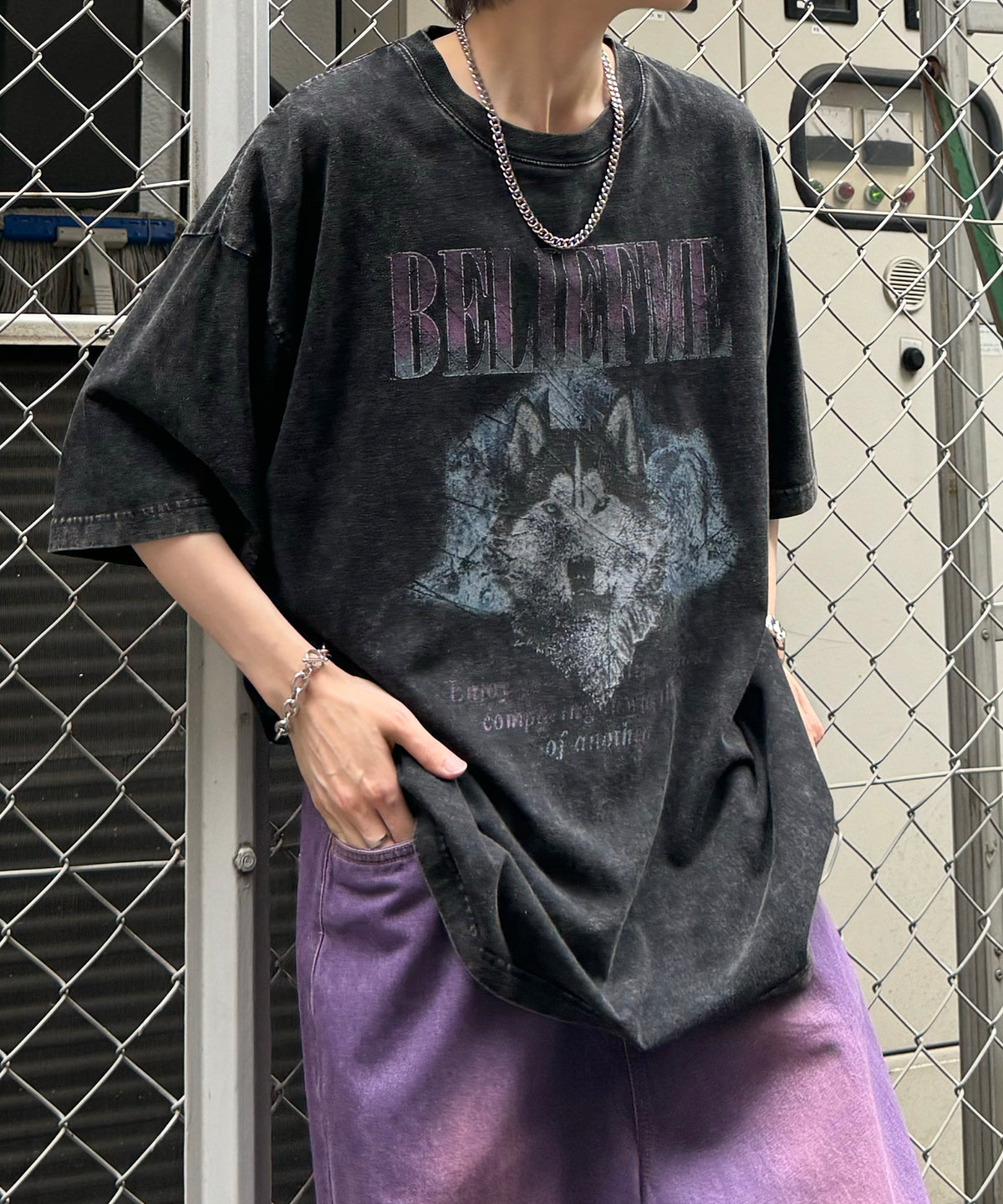 24SS ヴィンテージライク ロックプリント レトロ ピグメント加工 ビッグシルエット半袖バンドTシャツ