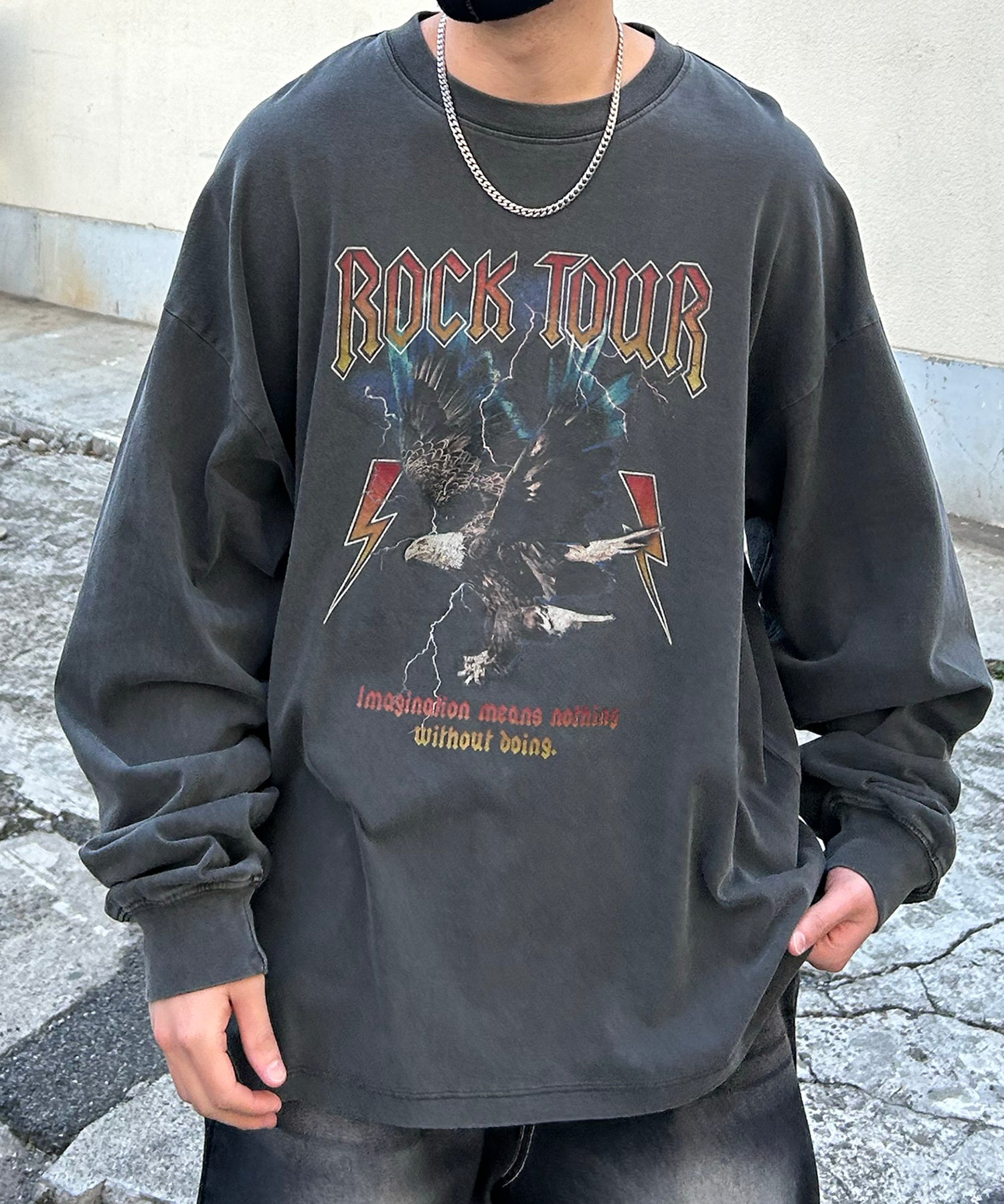 ヴィンテージライク レトロプリント ピグメント加工 ビッグシルエット バンドロンT