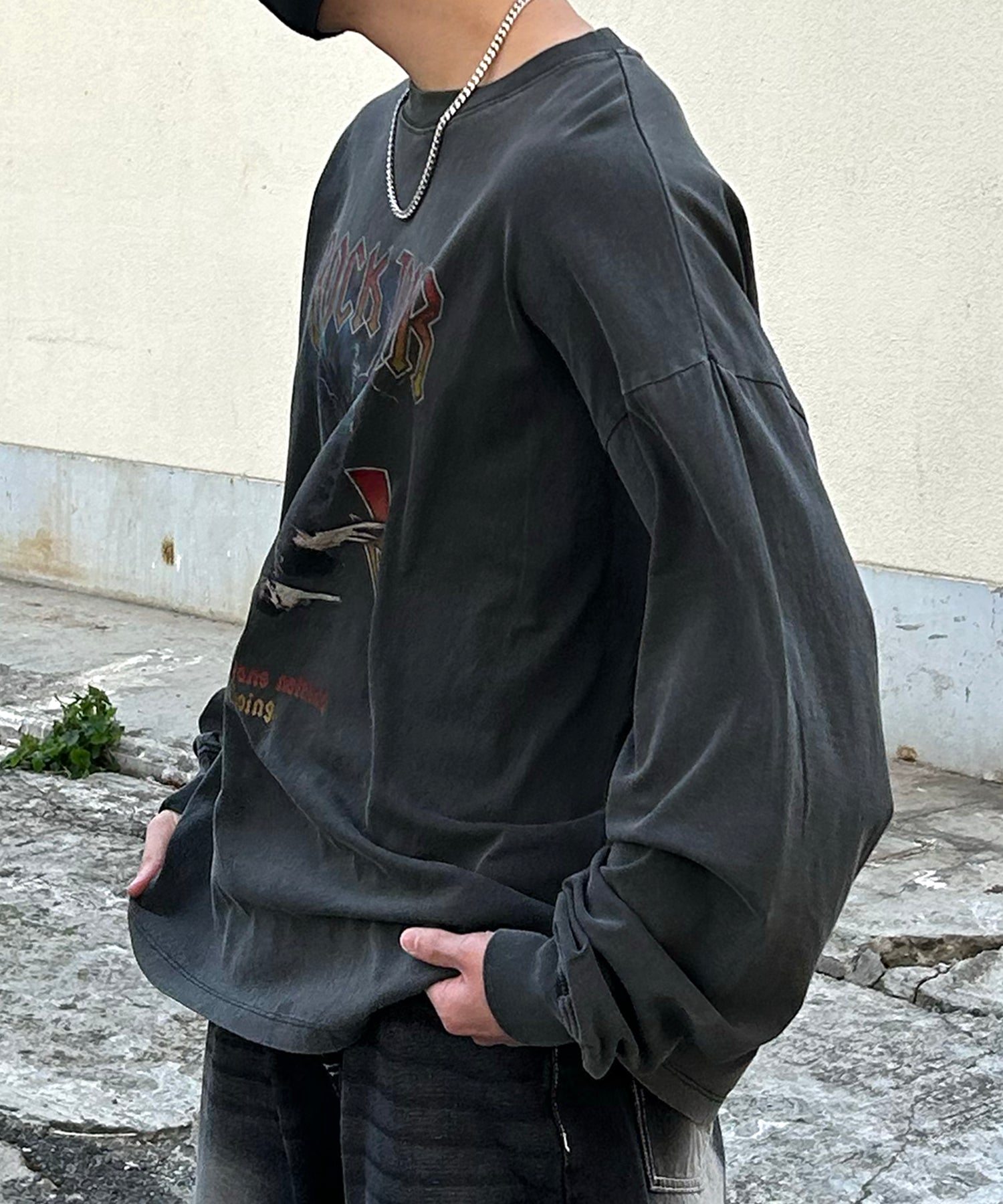 ヴィンテージライク レトロプリント ピグメント加工 ビッグシルエット バンドロンT