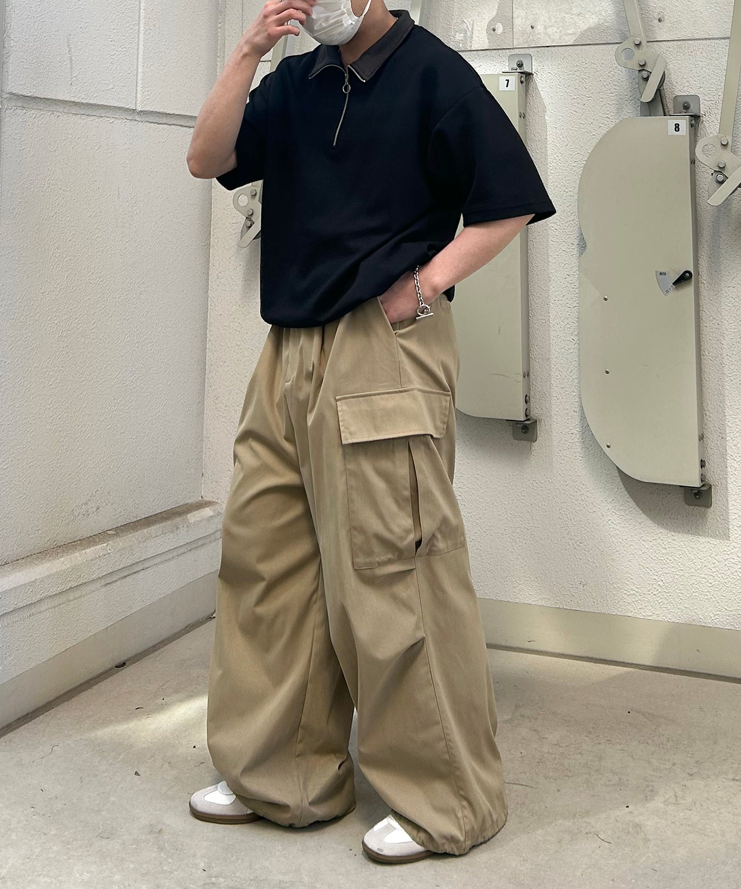 25SS【新色追加】セットアップ対応 ミリタリーワイドカーゴパンツ オーバーサイズ  サイドポケット 裾ドローコード パラシュートパンツ