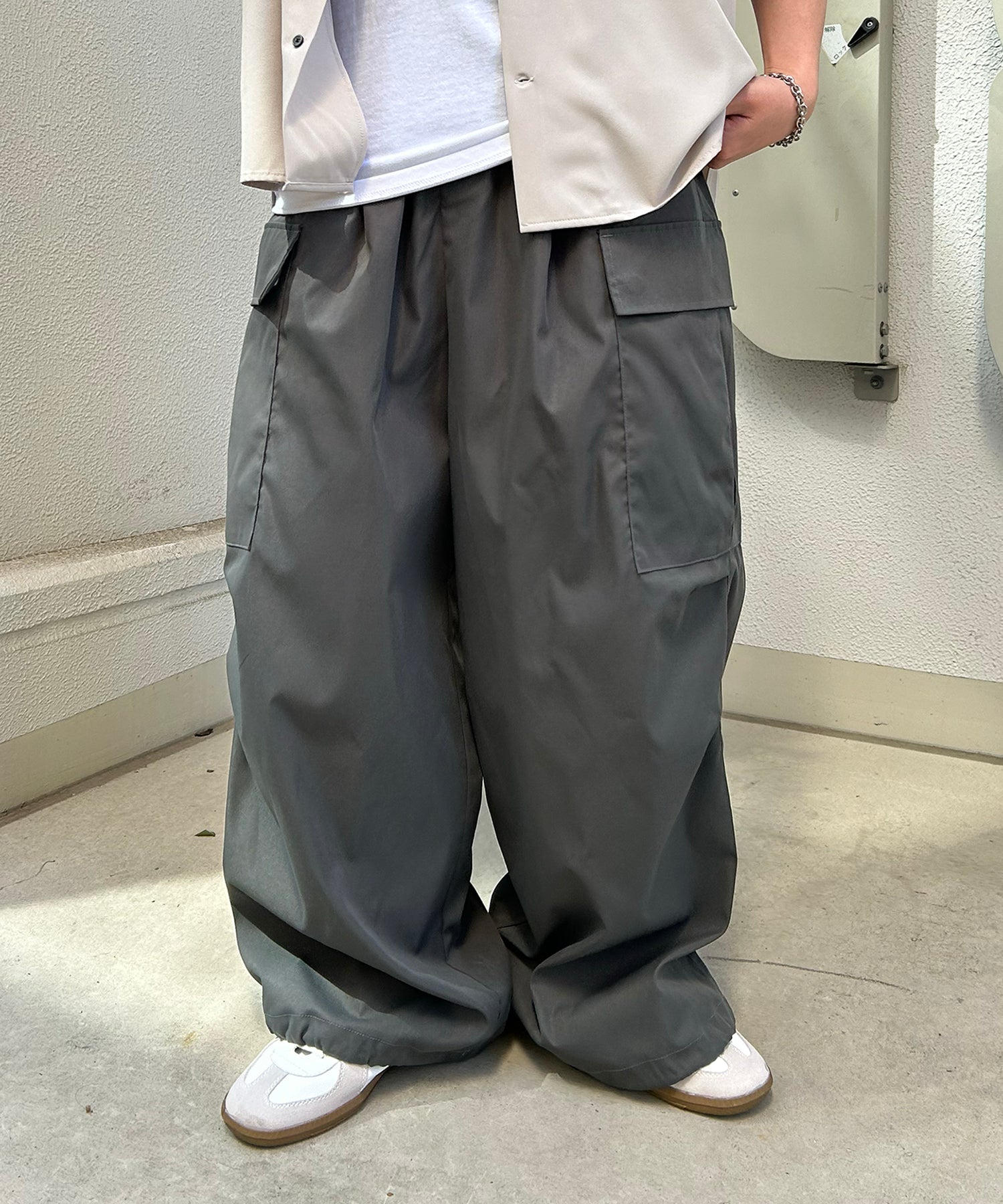 25SS【新色追加】セットアップ対応 ミリタリーワイドカーゴパンツ オーバーサイズ  サイドポケット 裾ドローコード パラシュートパンツ