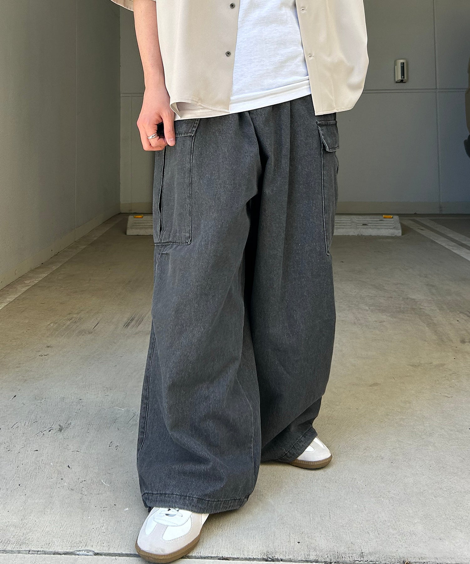 25SS【新色追加】セットアップ対応 ミリタリーワイドカーゴパンツ オーバーサイズ  サイドポケット 裾ドローコード パラシュートパンツ